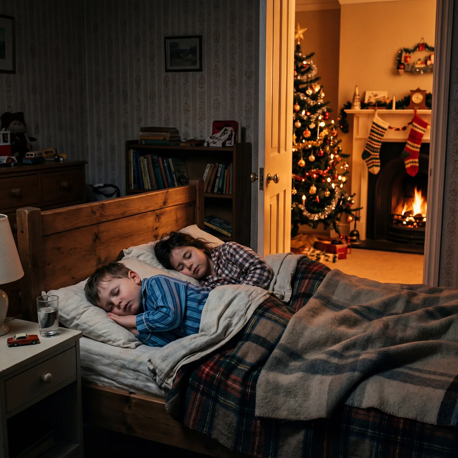 1960s children asleep in bed on Christmas Eve, stockings hung at the fireplace visible through doorway, dim warm light