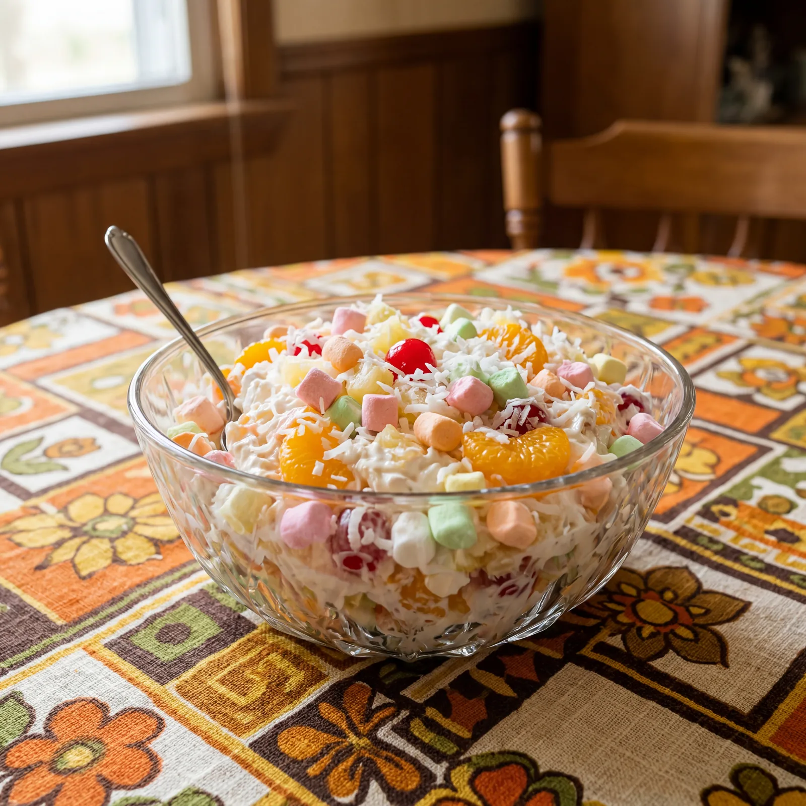 Glass bowl of ambrosia salad with mini marshmallows, mandarin oranges, shredded coconut and cool whip, sitting on a 1970