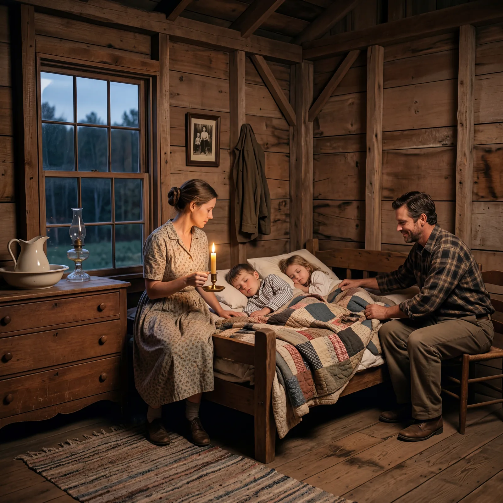 1930s farmhouse bedroom at dusk, a family settling in by candlelight, no electricity, bare wooden walls, soft warm glow