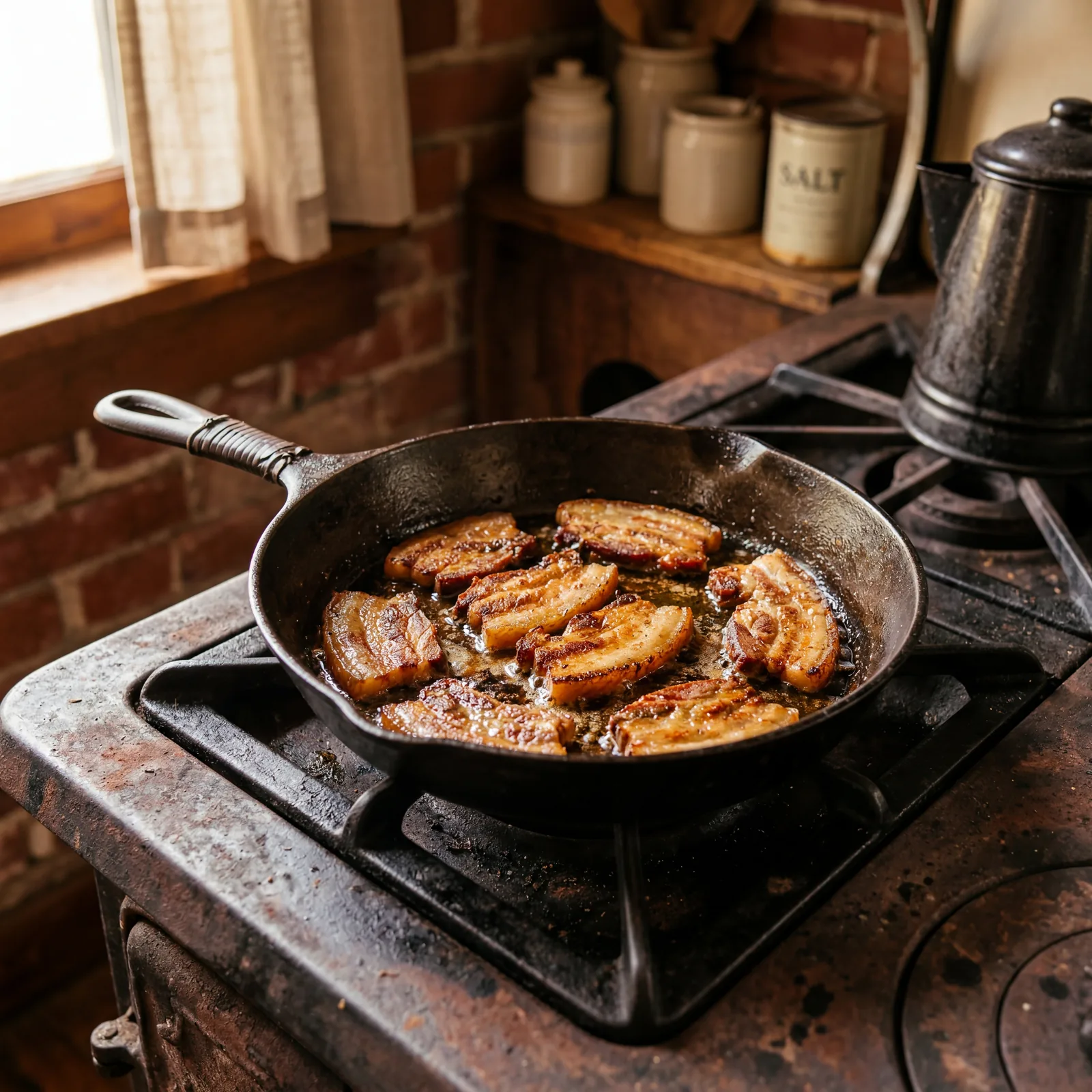 Cast iron skillet with slices of fried salt pork on a Depression-era stovetop, golden brown, grease visible in pan, warm