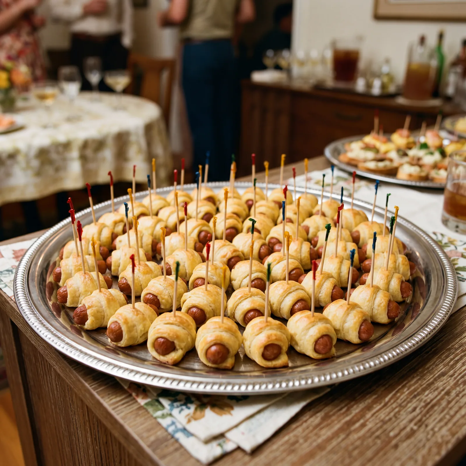 Tray of 1970s cocktail pigs in a blanket, small crescent-dough wrapped sausages arranged in rows, toothpicks inserted, o