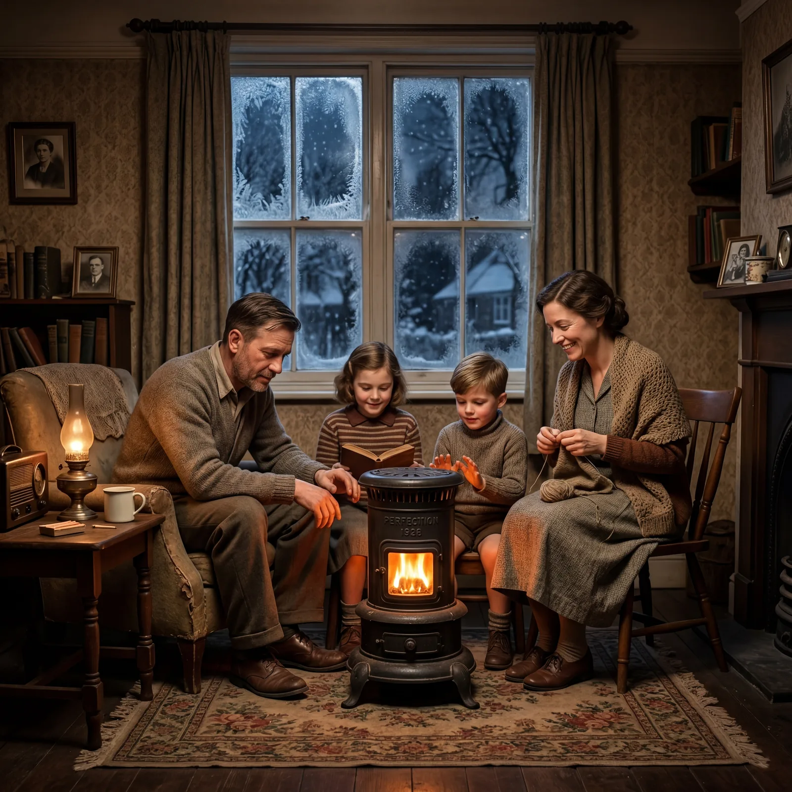 1930s living room, a cast-iron kerosene space heater glowing in the corner, family gathered close, frosty window behind 