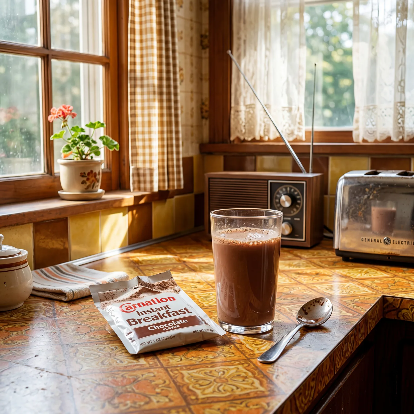 1970s kitchen counter with a glass of chocolate Carnation Instant Breakfast drink, the powder packet beside it, morning 