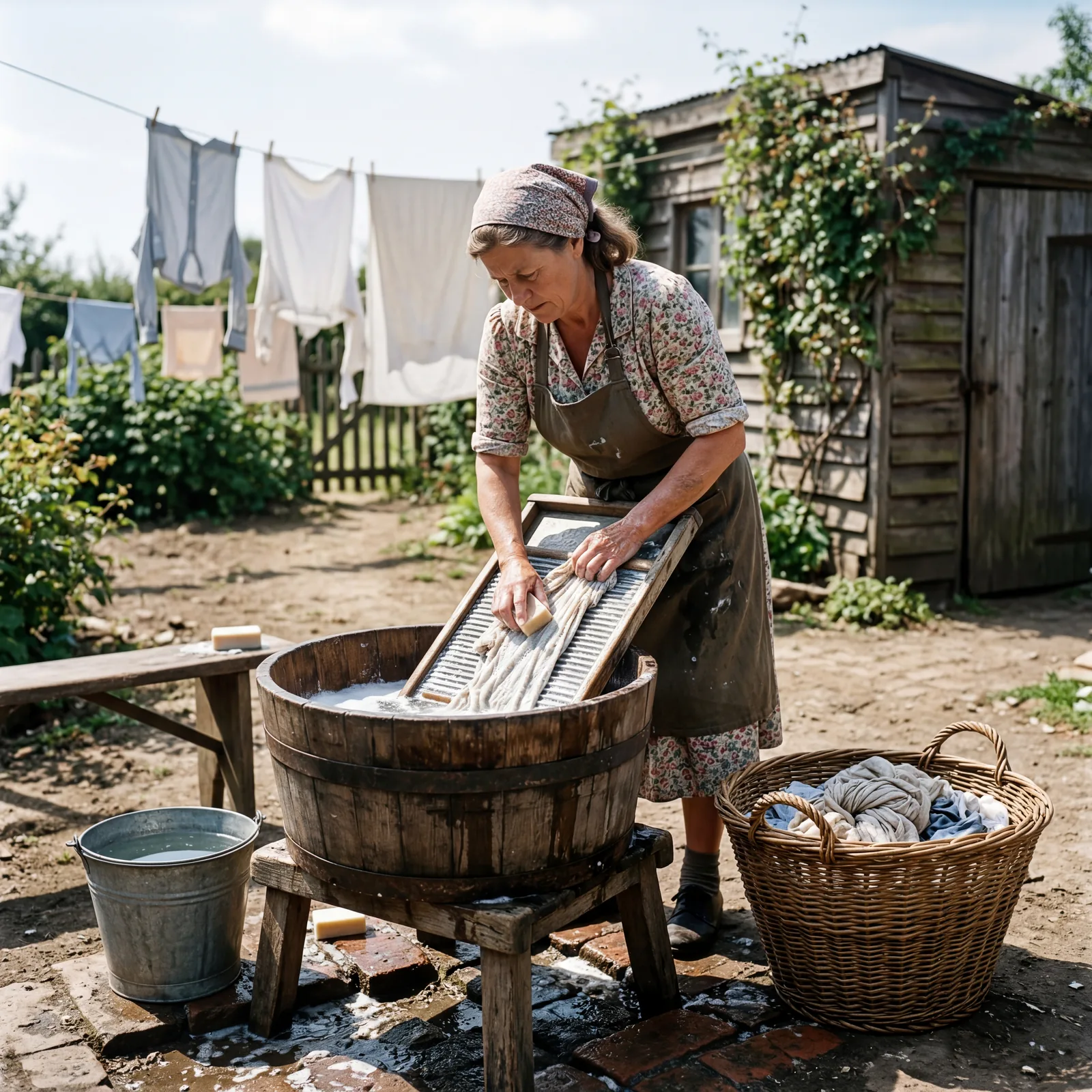 1930s backyard wash area, a woman scrubbing clothes on a corrugated zinc washboard over a wooden tub, a woven basket of 
