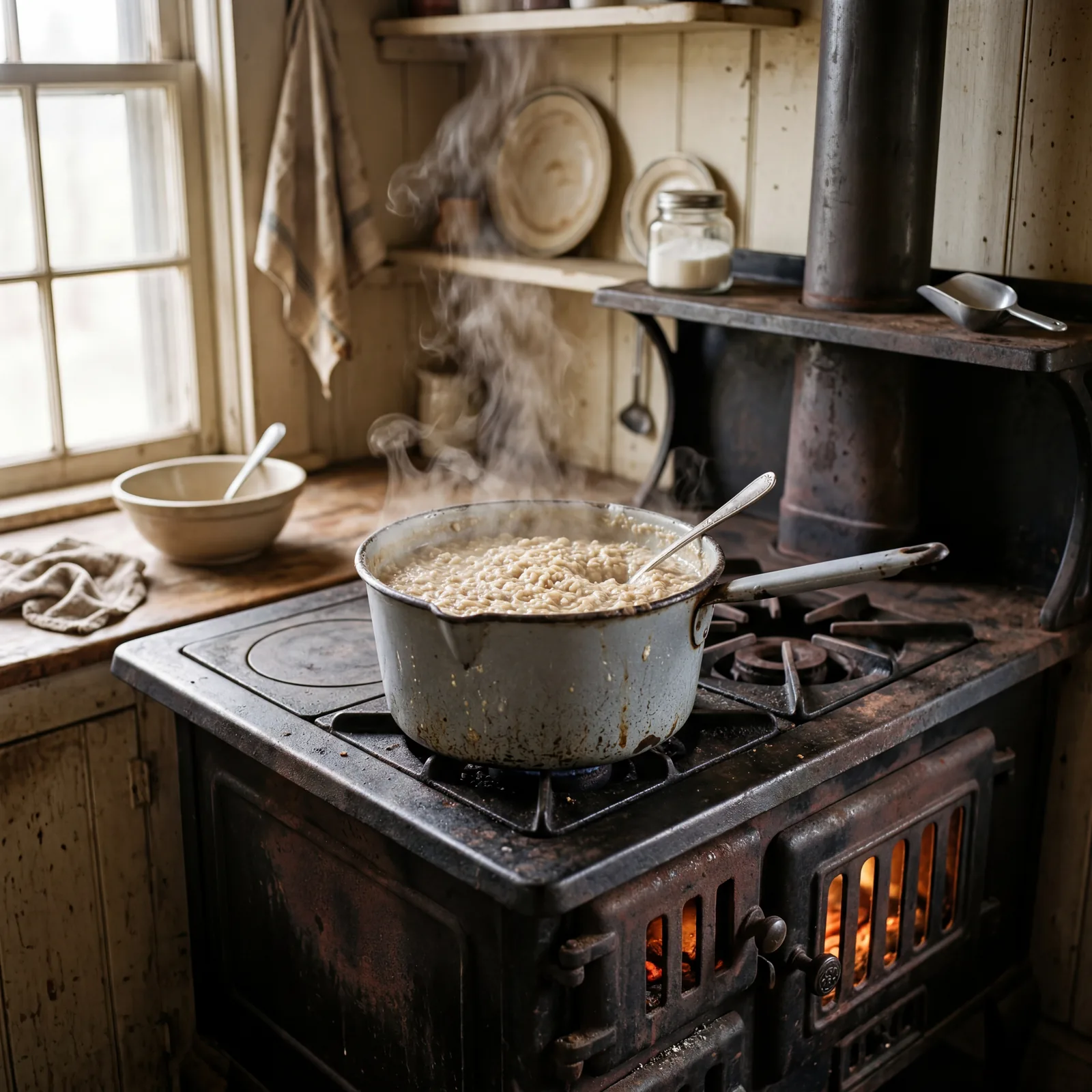 A pot of thick oatmeal mush on a 1930s cast iron stove, steam rising, simple Depression-era kitchen background, warm lig