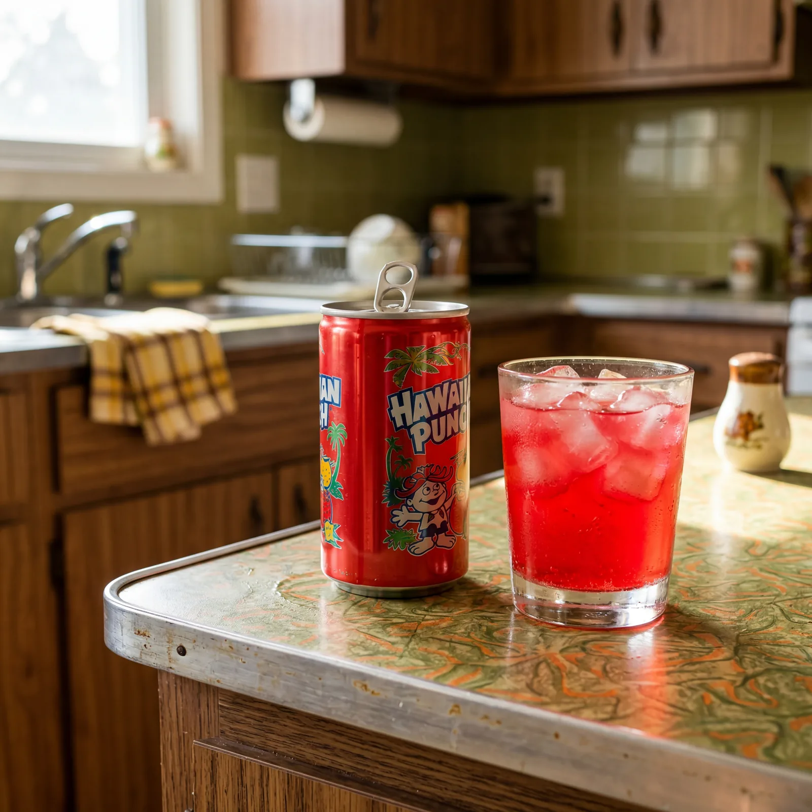 Open can of red Hawaiian Punch on a 1970s kitchen counter next to a glass of bright red drink with ice, afternoon light