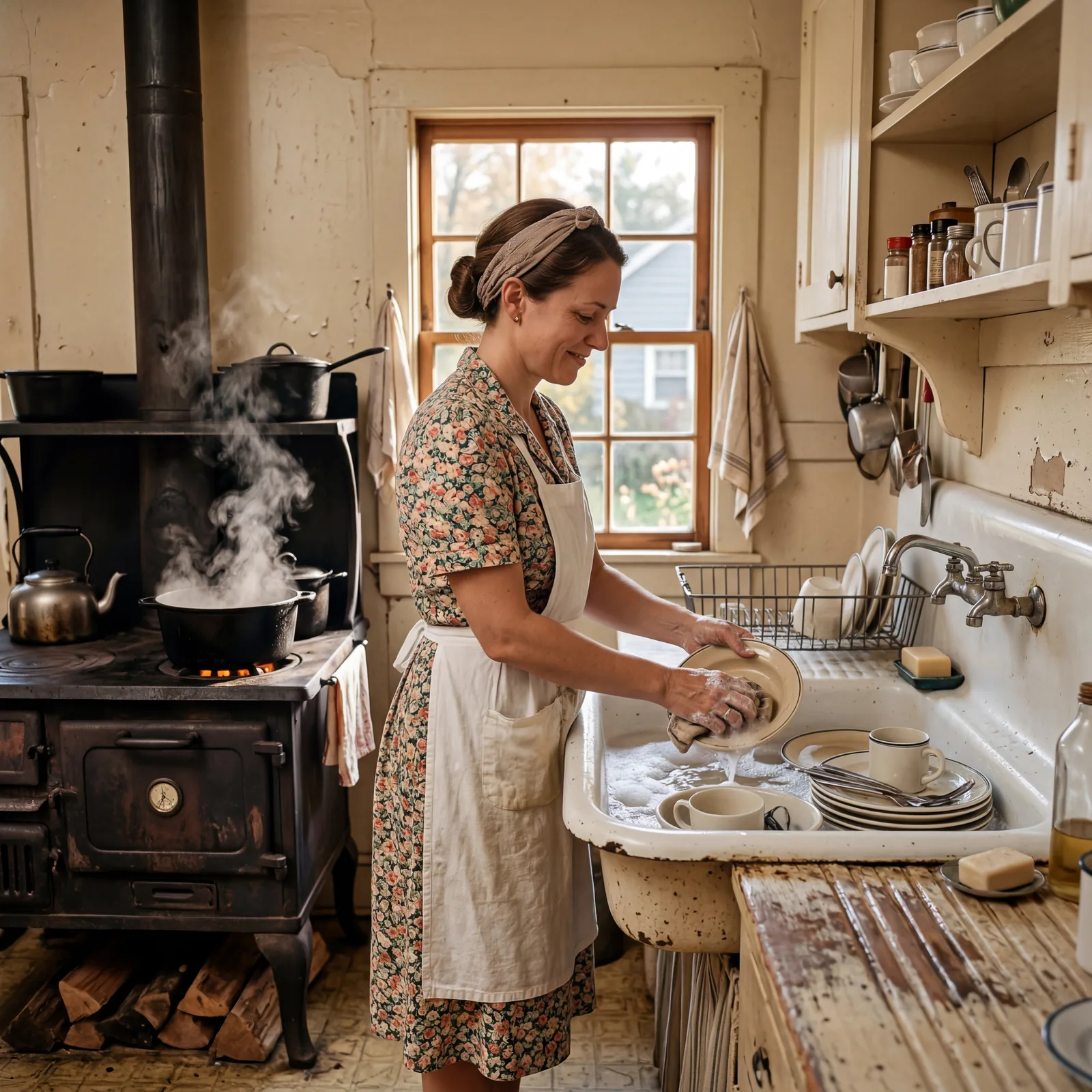 1930s kitchen sink, a woman washing dishes in a large enamel basin, a pot of steaming water on the wood stove behind her