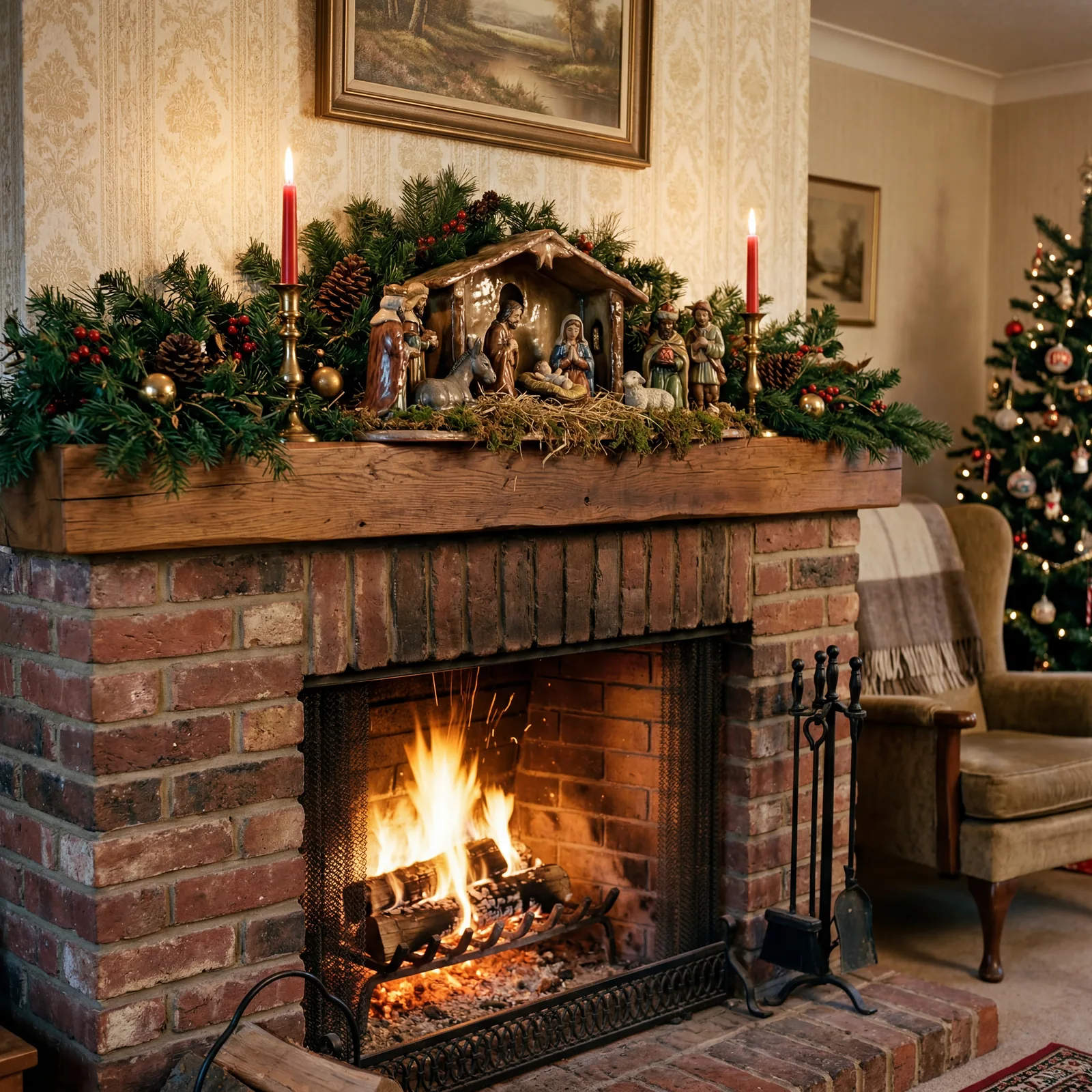 1960s fireplace mantle with a ceramic nativity scene, evergreen garland, red candles, warm firelight