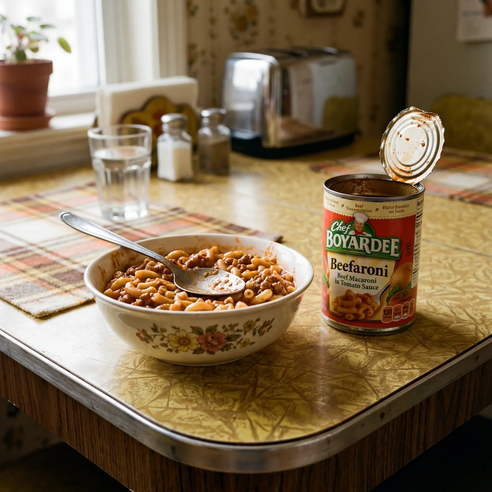 Open can of Chef Boyardee Beefaroni with a spoon, served in a bowl on a 1970s Formica kitchen table