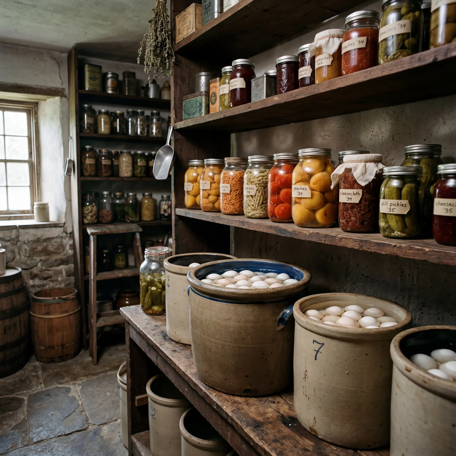 1930s farmhouse pantry, large ceramic crocks filled with eggs submerged in clear liquid, wooden shelves lined with prese