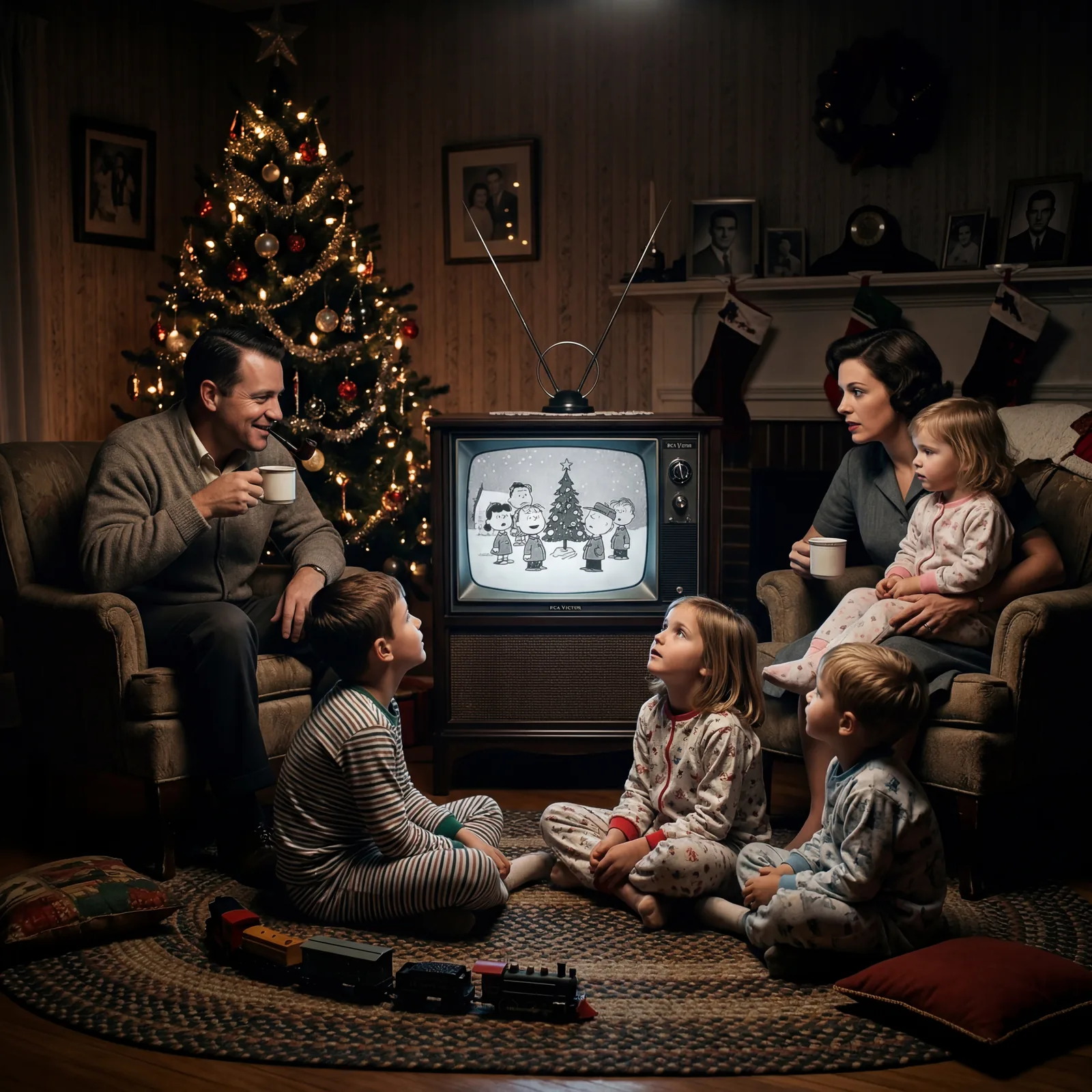 1960s family gathered around a black and white television set watching a Christmas special, dark living room, flickering