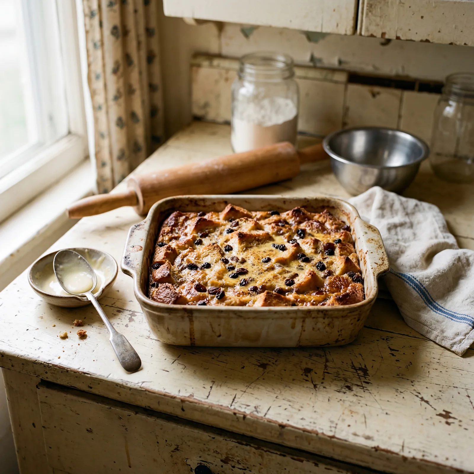 A pan of rustic bread pudding on a worn 1940s kitchen counter, golden brown top, simple ingredients visible, soft natura