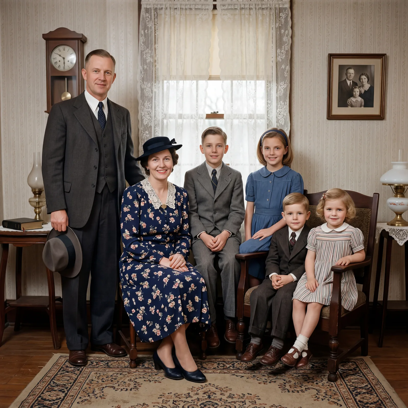 1930s family dressed in formal Sunday clothes in a modest home, a man in a pressed suit, a woman in a church dress, chil