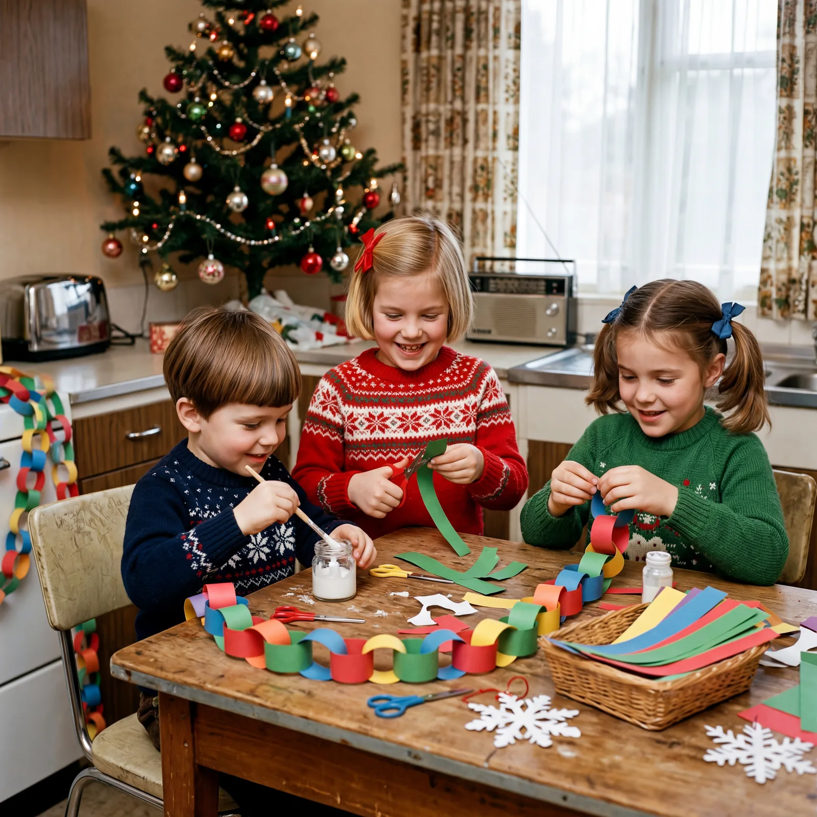 1960s children making Christmas ornaments from construction paper and paste at a kitchen table, colorful chains of paper
