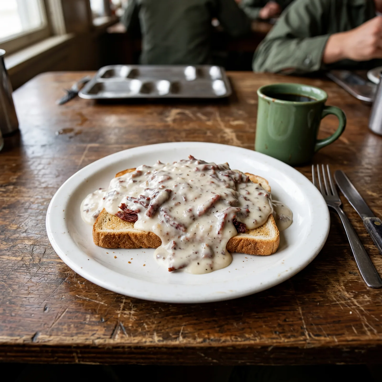 1970s Army-style breakfast plate with creamed chipped beef over white toast, thick white gravy with dried beef strips, p