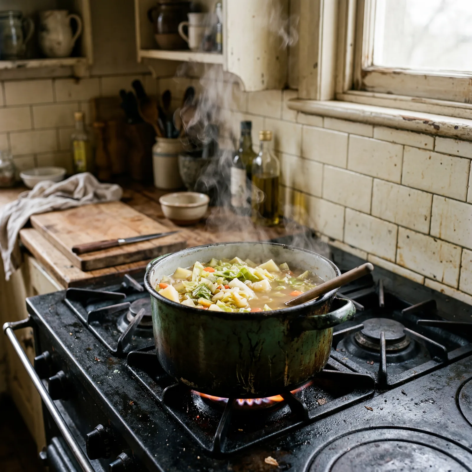 A simple pot of cabbage soup on a 1930s stovetop, rough-chopped cabbage visible, steam rising, worn kitchen behind it