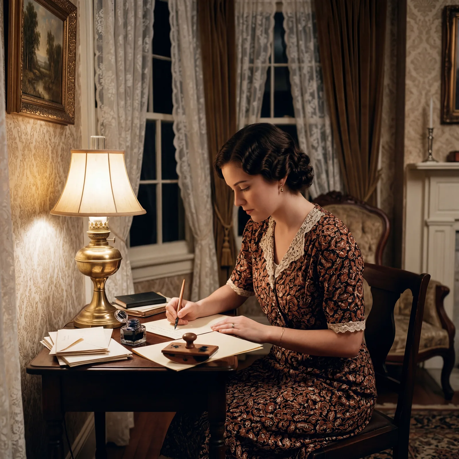 1930s parlor, a woman sitting at a small writing desk composing a letter by lamp light, ink bottle and blotter nearby, l
