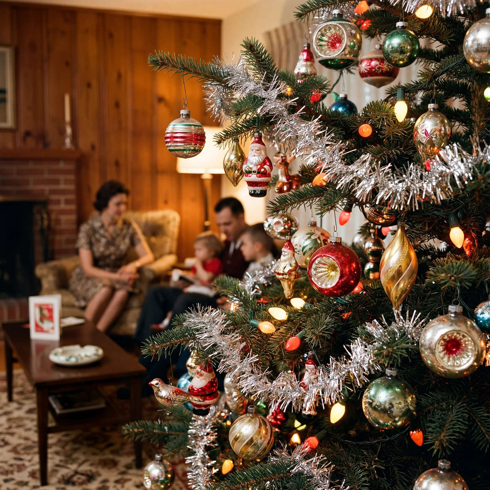 Close-up of a decorated Douglas fir Christmas tree, vintage glass ornaments, tinsel, warm lamp light, 1960s living room 