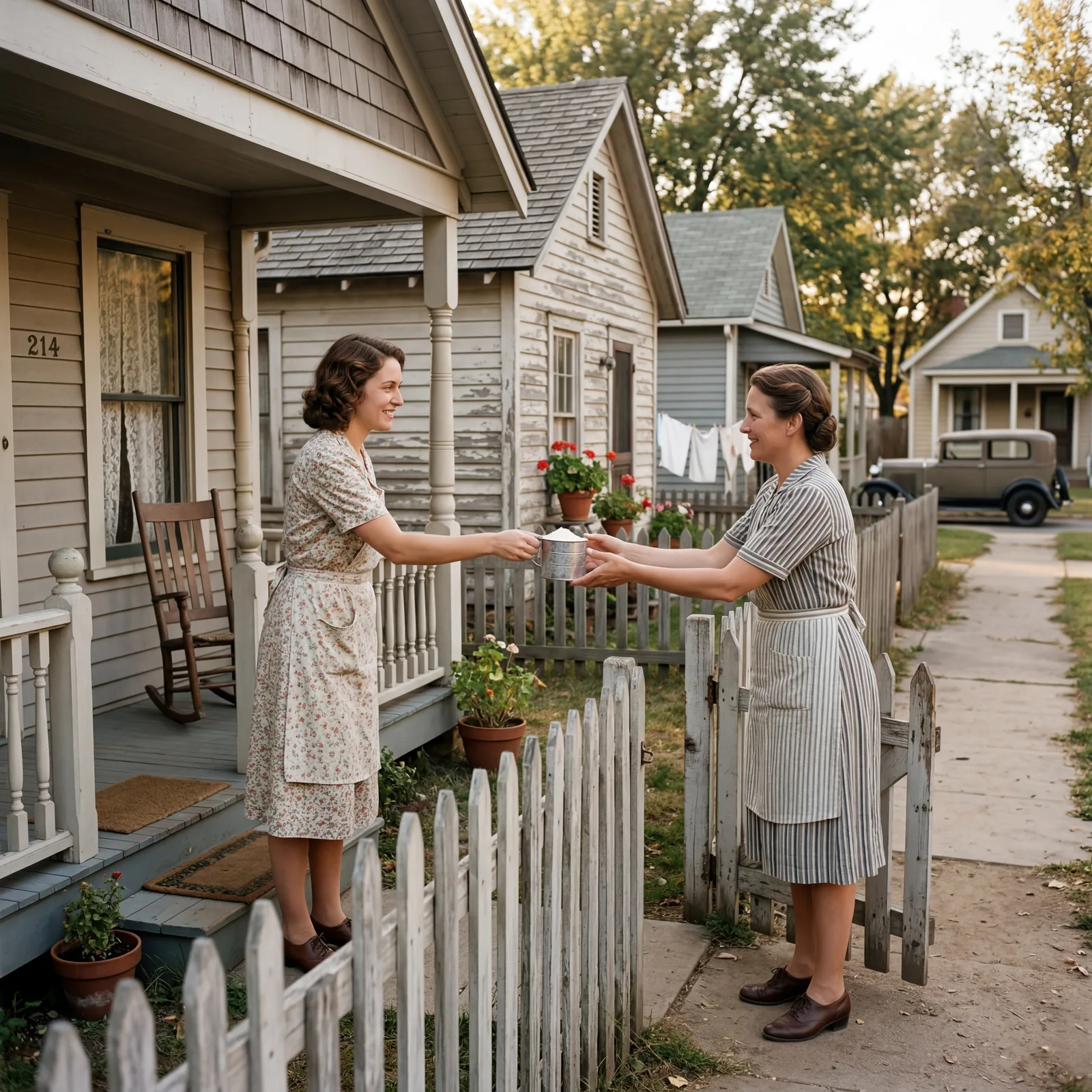 1930s neighborhood porch, a woman handing a cup of flour to her neighbor across a low fence, modest houses behind them, 