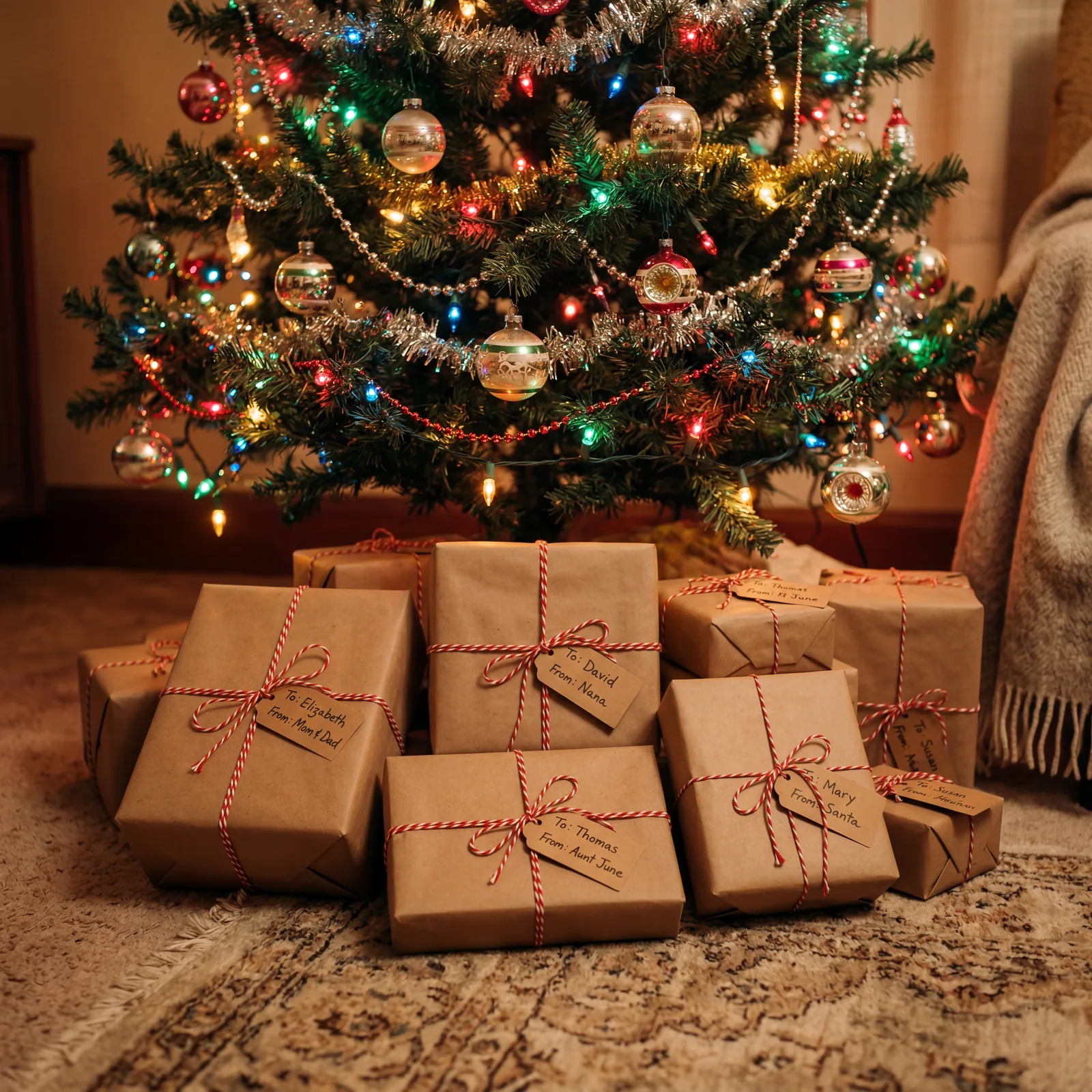 1960s gifts wrapped in brown paper with red twine under a Christmas tree, handwritten tags, warm room light