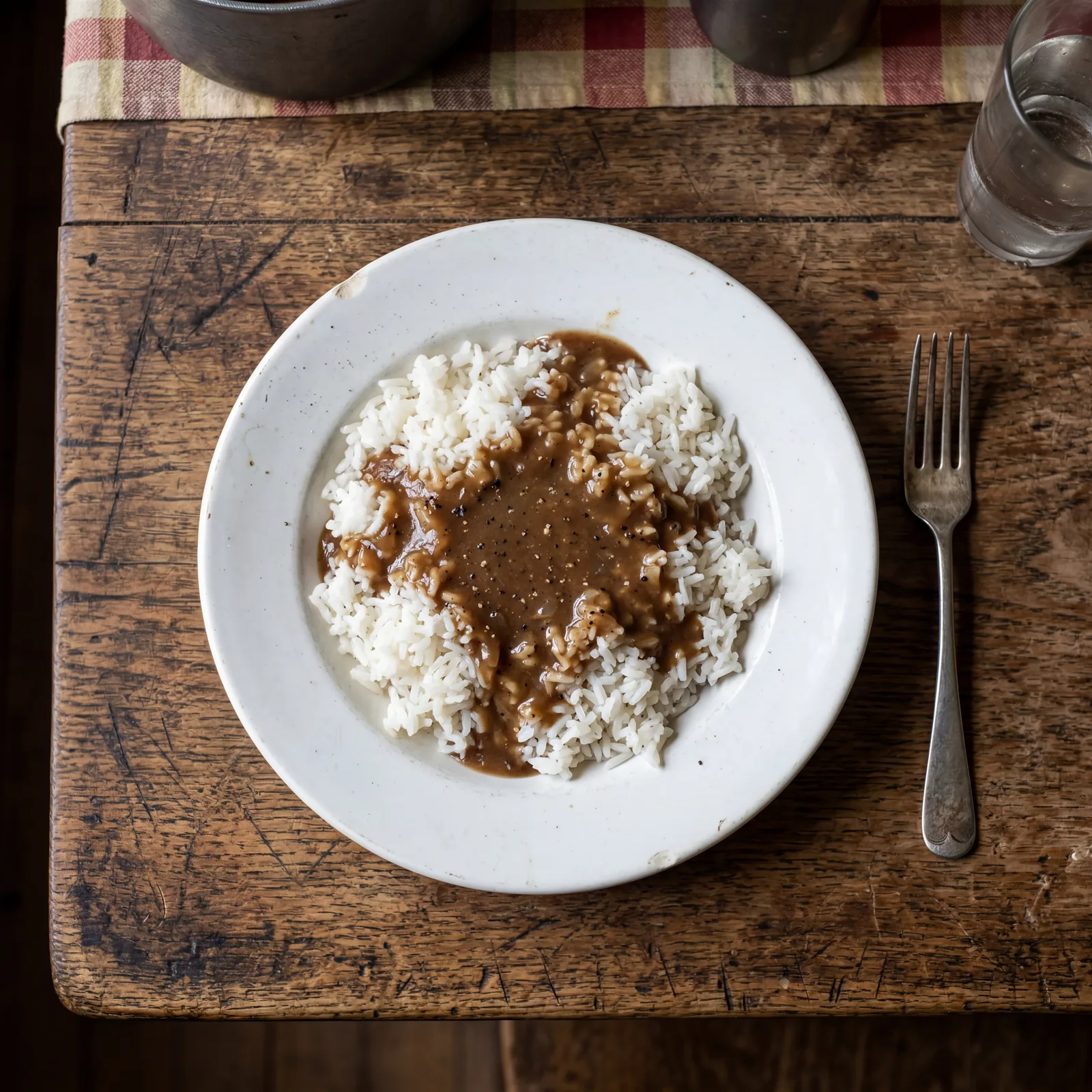 A white plate of steamed rice topped with simple brown gravy on a Depression-era kitchen table, overhead shot, worn wood