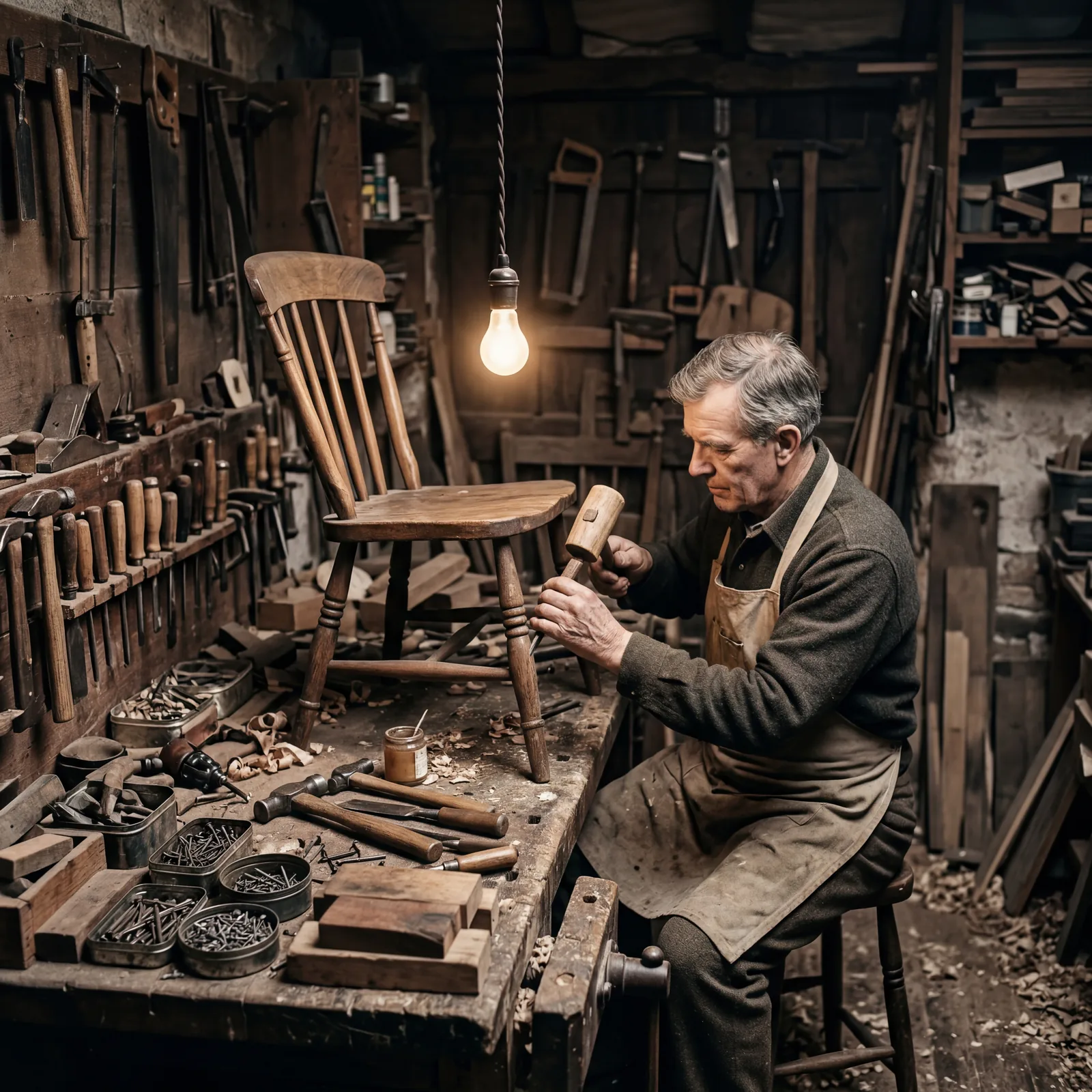 1930s workshop, a man carefully repairing a wooden chair with hand tools, scraps of wood and old nails organized on a wo