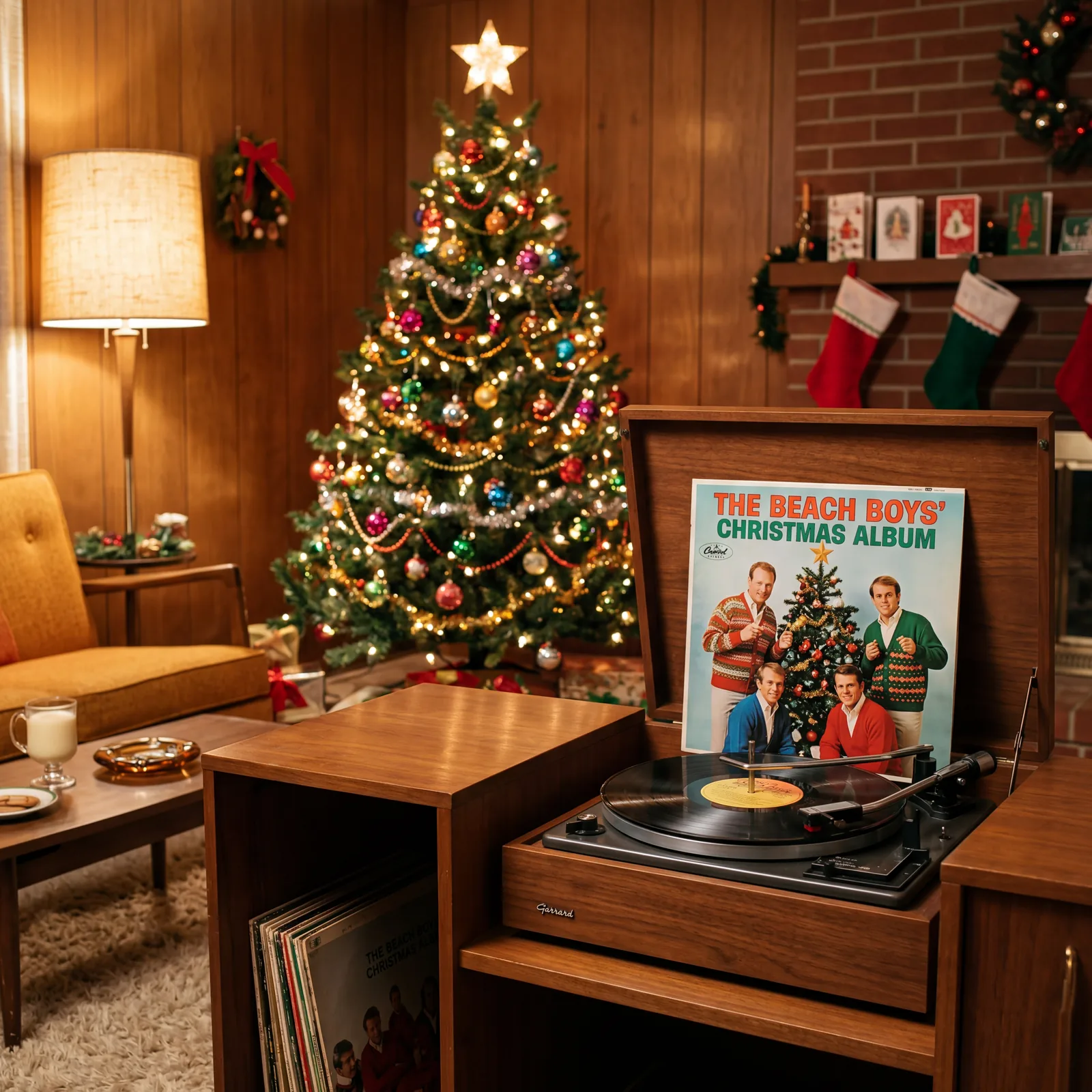 1960s living room, vinyl record on a turntable, Christmas tree in background, album cover of a classic holiday record vi