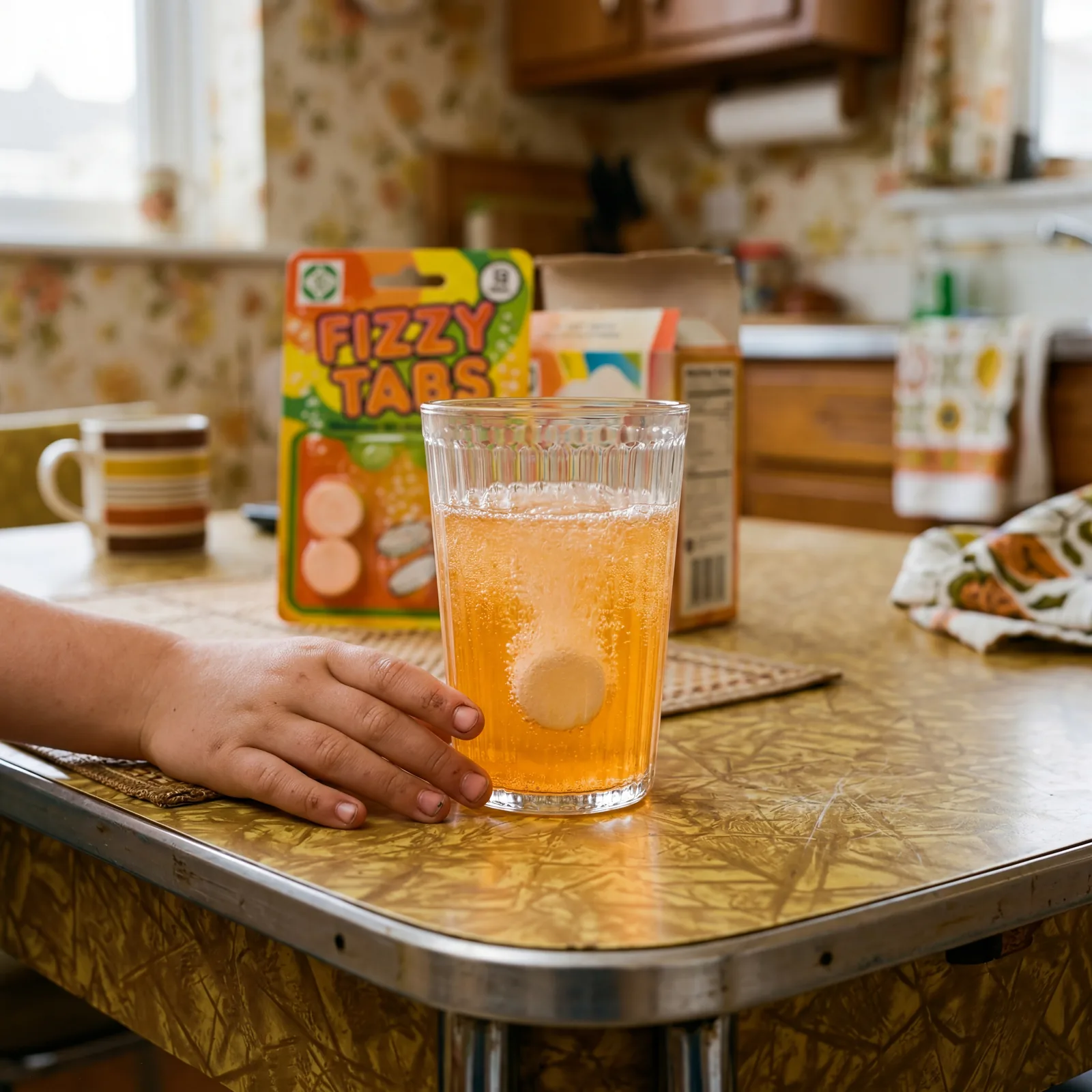 1970s kitchen table with a glass of fizzing colored water, a small effervescent tablet dissolving in it, child's hand vi