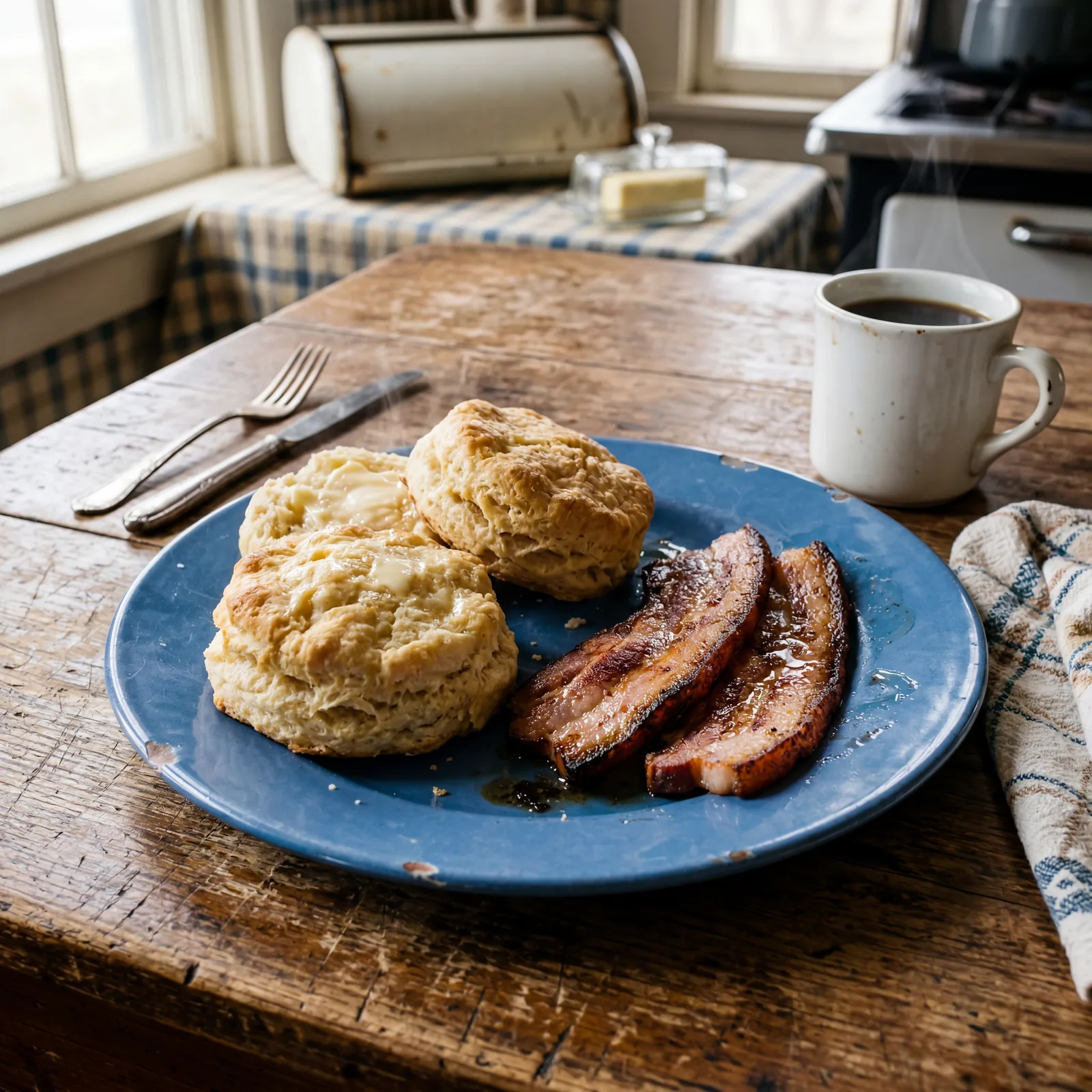 A plate of fluffy biscuits beside thick slices of cooked fatback on a 1940s kitchen table, morning light, worn blue plat