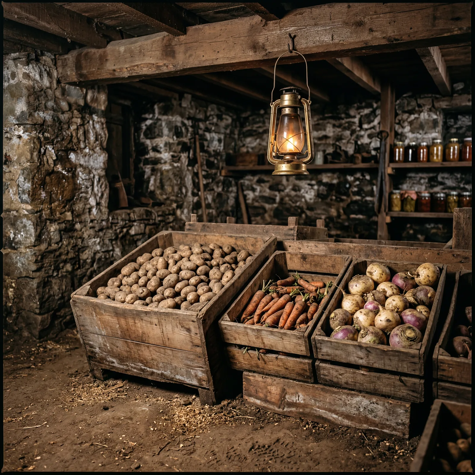 1930s root cellar interior, wooden bins of potatoes, carrots, and turnips in cool dim earthen space, stone walls, a sing
