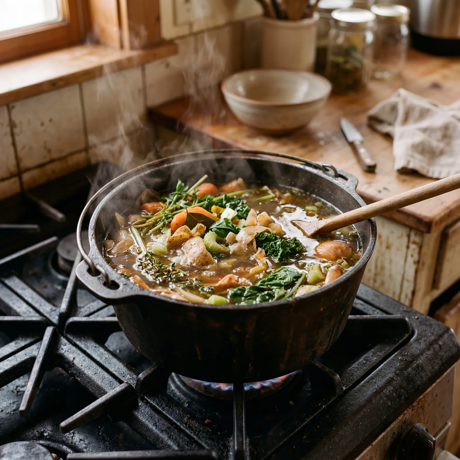 A pot of vegetable scrap soup simmering on a cast iron stove, visible carrot tops, potato peels, wilted greens, warm amb