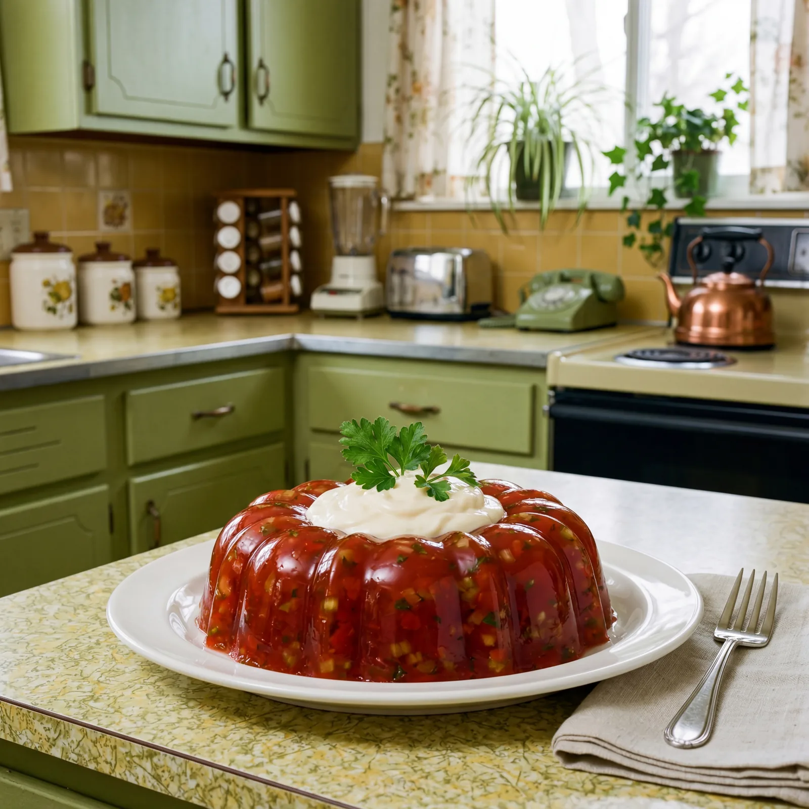 Jiggly ring-shaped tomato aspic mold on a white serving plate, topped with a dollop of mayonnaise and parsley, 1970s avo