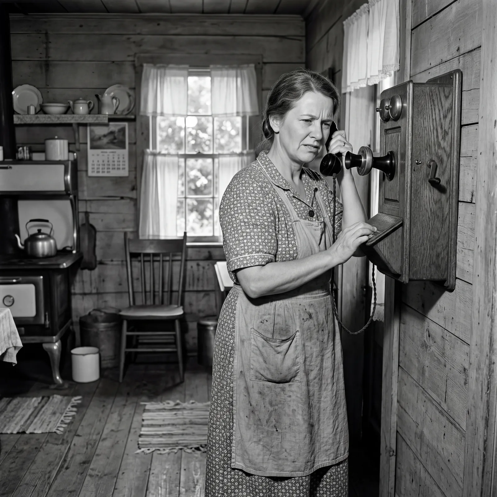 1930s rural farmhouse, a woman speaking into a wall-mounted telephone, a neighbor's voice implied by her expression of m