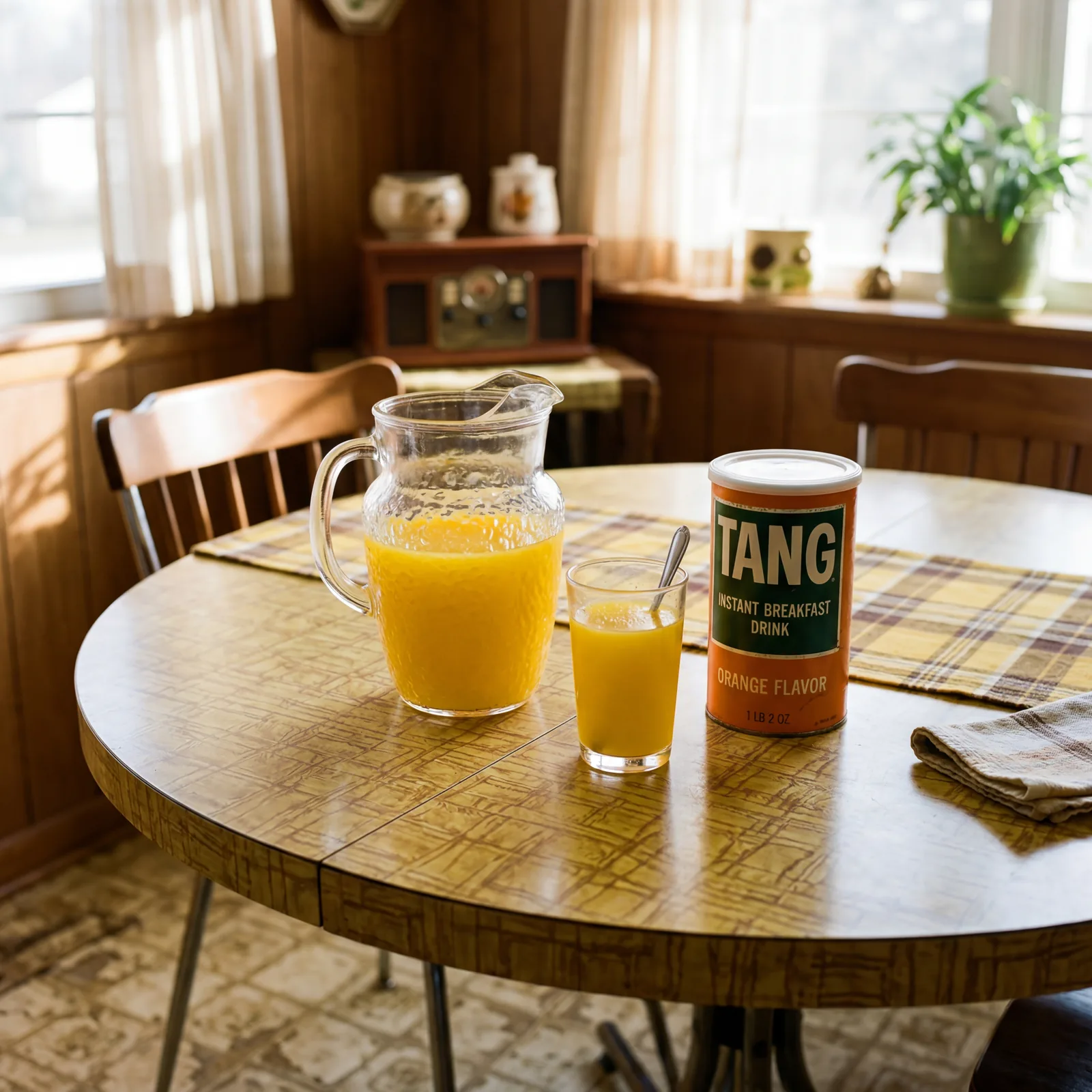 1970s kitchen table with a pitcher of bright orange Tang drink and a glass poured beside it, original Tang canister visi