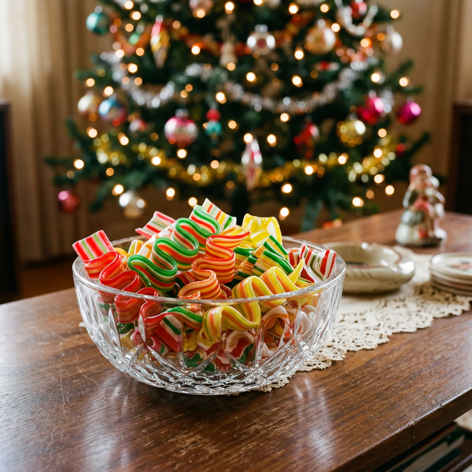 Close-up of vintage ribbon candy in a glass bowl on a 1960s coffee table, Christmas decorations in background, warm ligh