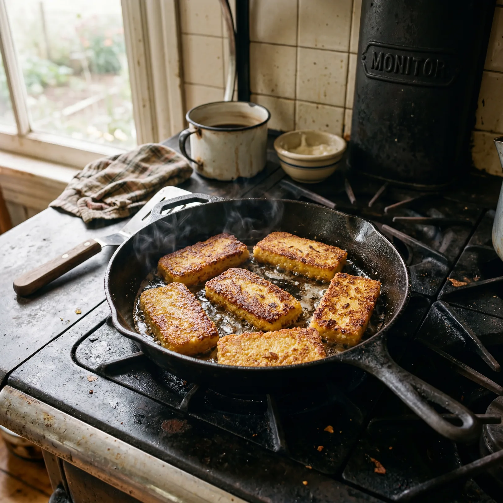Slices of fried cornmeal mush in a cast iron skillet, golden brown edges, Depression-era kitchen stovetop, warm morning 