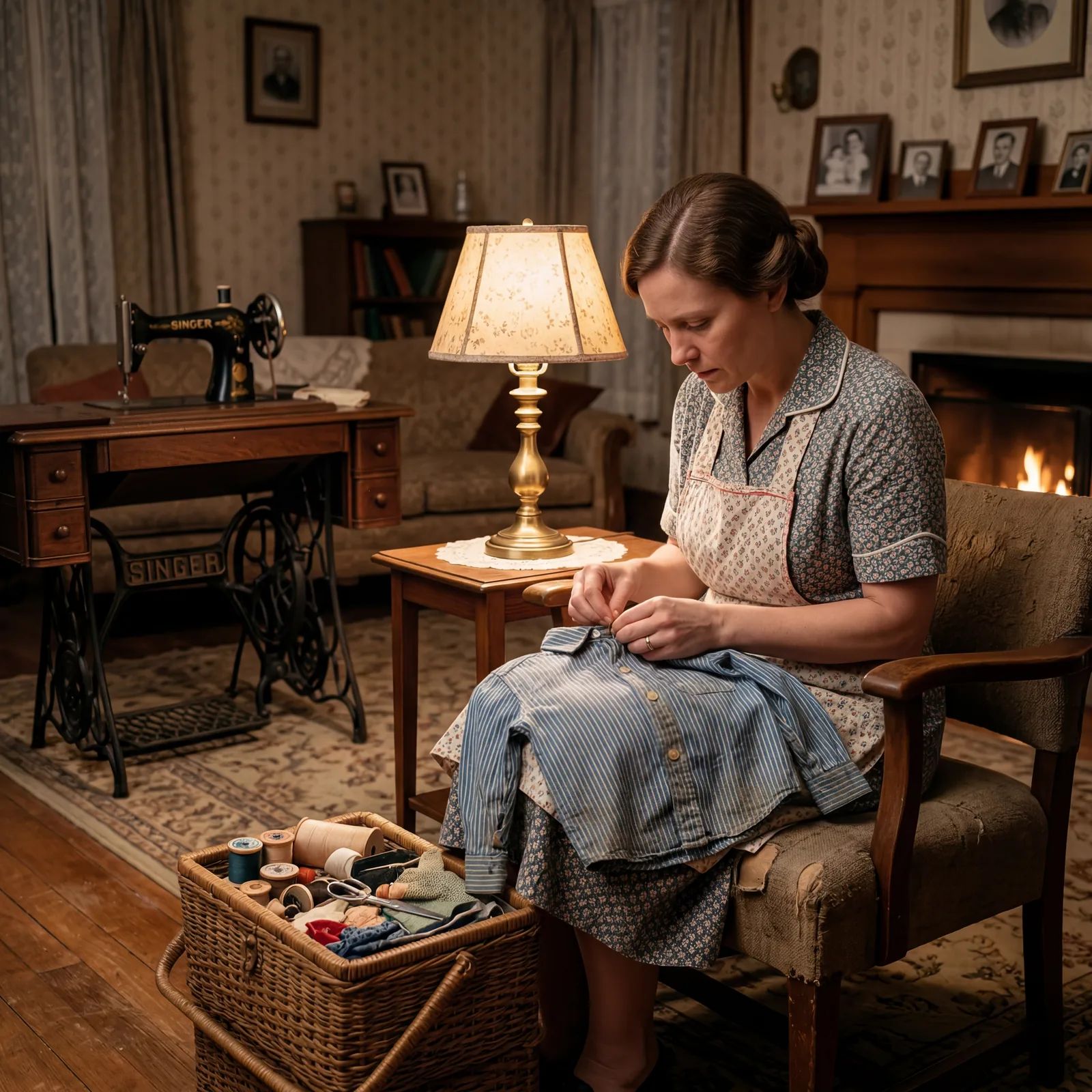 1930s living room, a woman bent over a sewing basket repairing a child's shirt by lamp light, a treadle sewing machine v