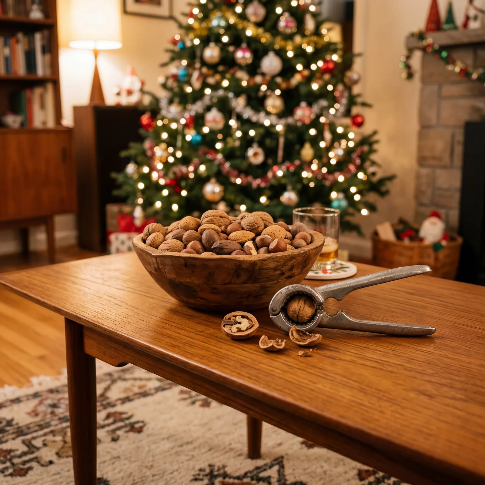 1960s coffee table with a wooden bowl of mixed nuts in the shell, a metal nutcracker beside it, Christmas tree in backgr