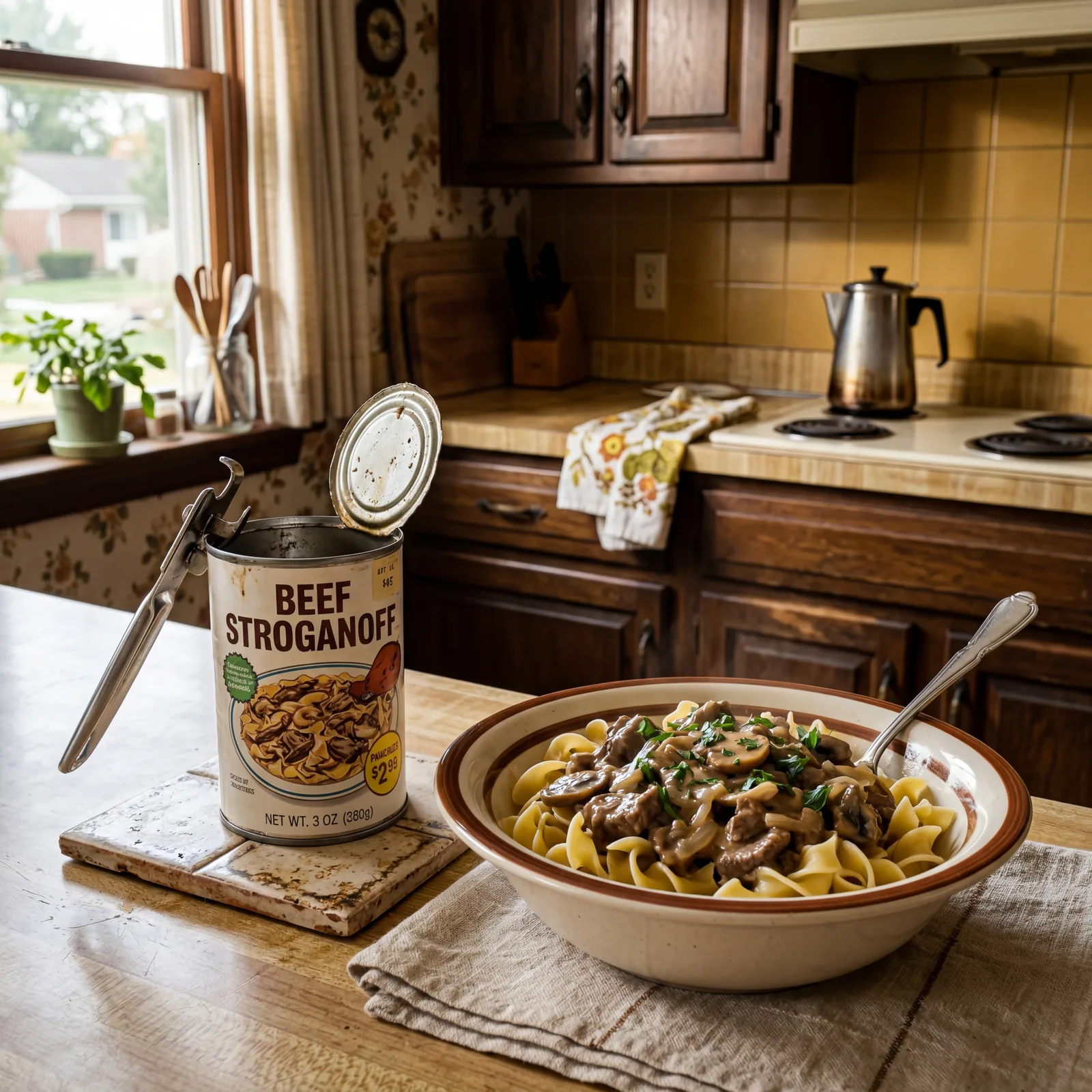 Open can of beef stroganoff beside a bowl of the dish served over egg noodles, 1970s kitchen setting with wooden cabinet
