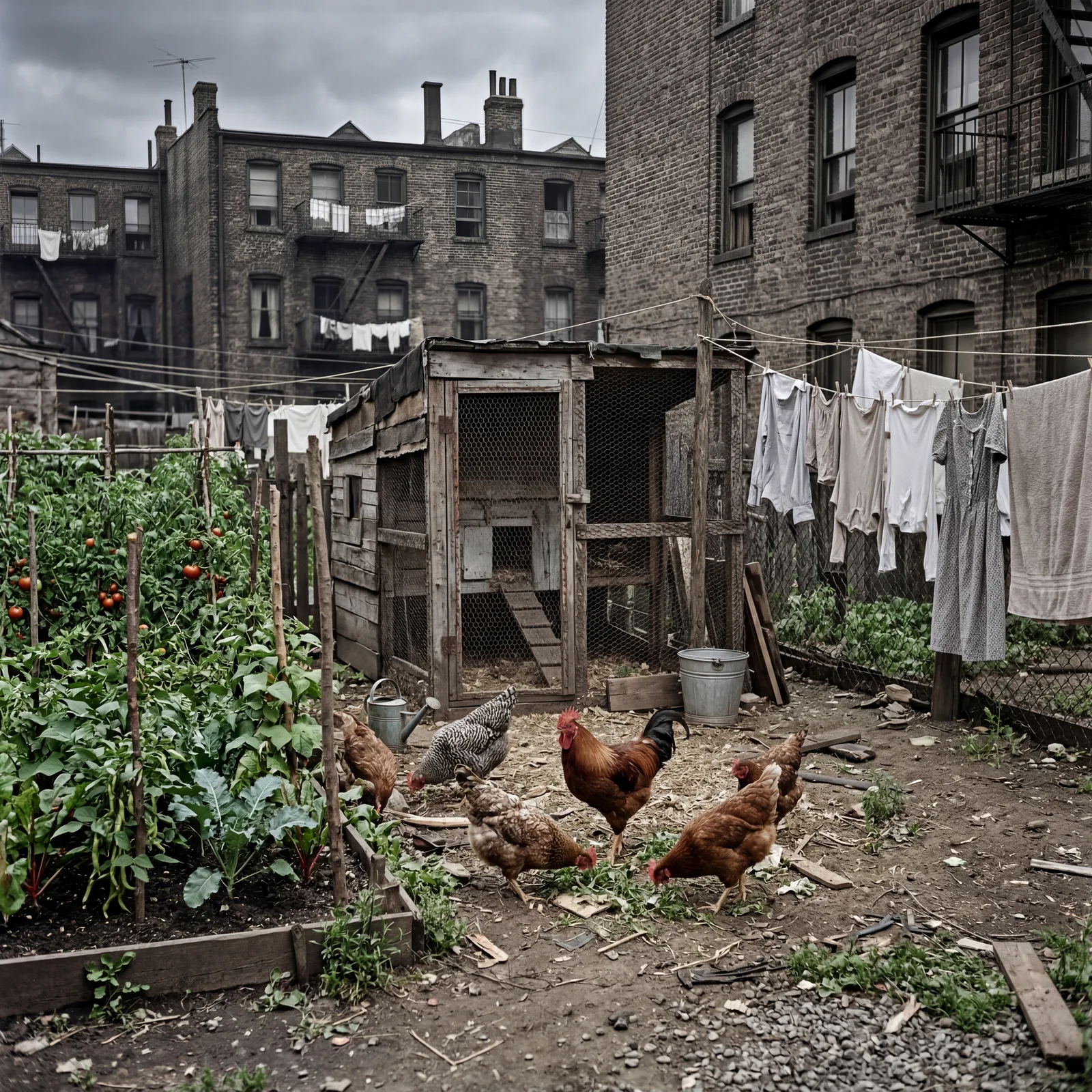 1930s urban backyard, a small chicken coop with wire fencing, a few hens pecking at the ground between a vegetable garde