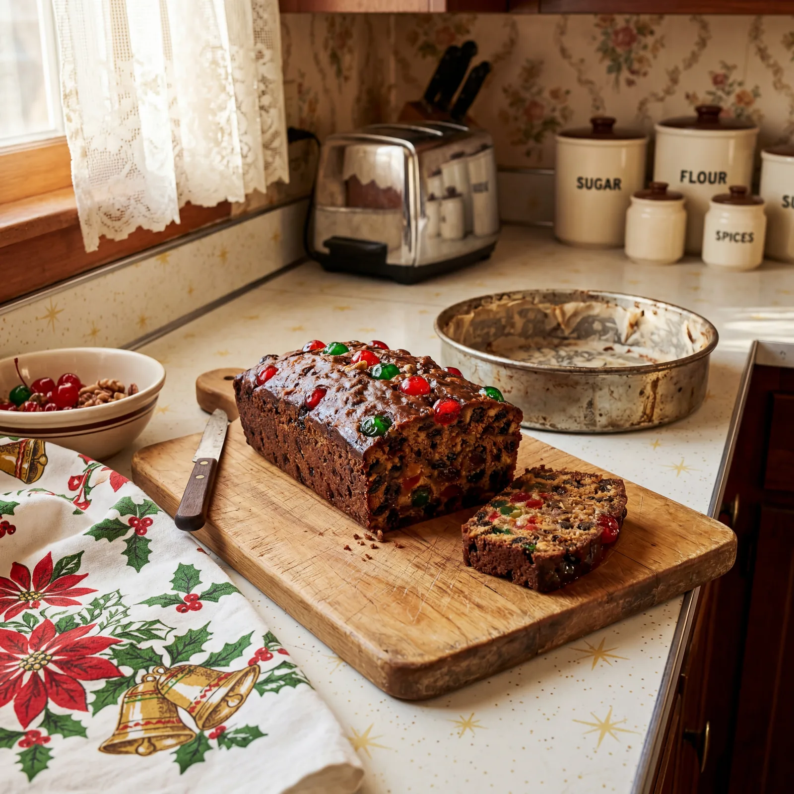 1960s kitchen counter with a homemade dark fruitcake on a cutting board, candied fruit visible, tin pan, holiday kitchen