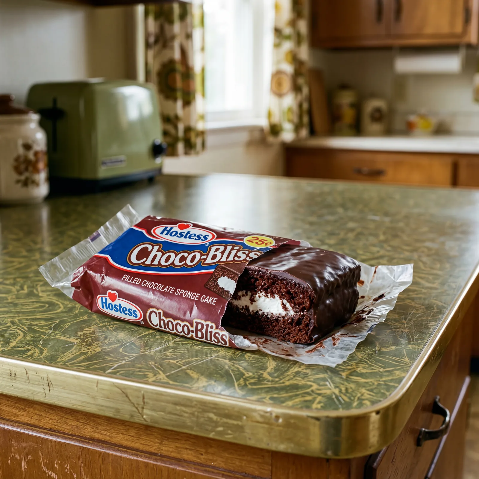 Vintage Hostess Choco-Bliss snack cake in its original wrapper on a 1970s kitchen counter, half unwrapped to show the da