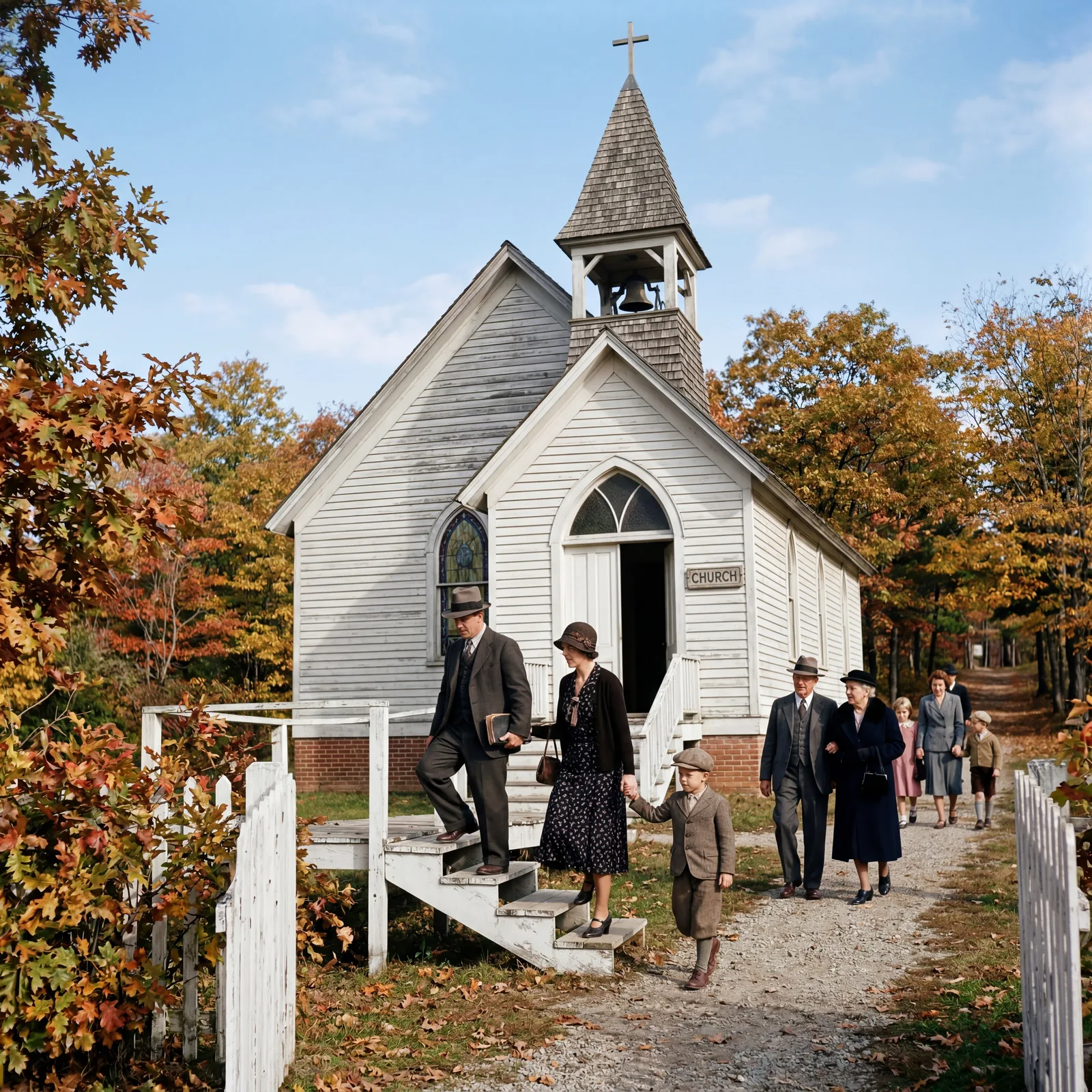 1930s small-town church exterior, a family in Sunday clothes climbing white wooden steps, others arriving behind them, a