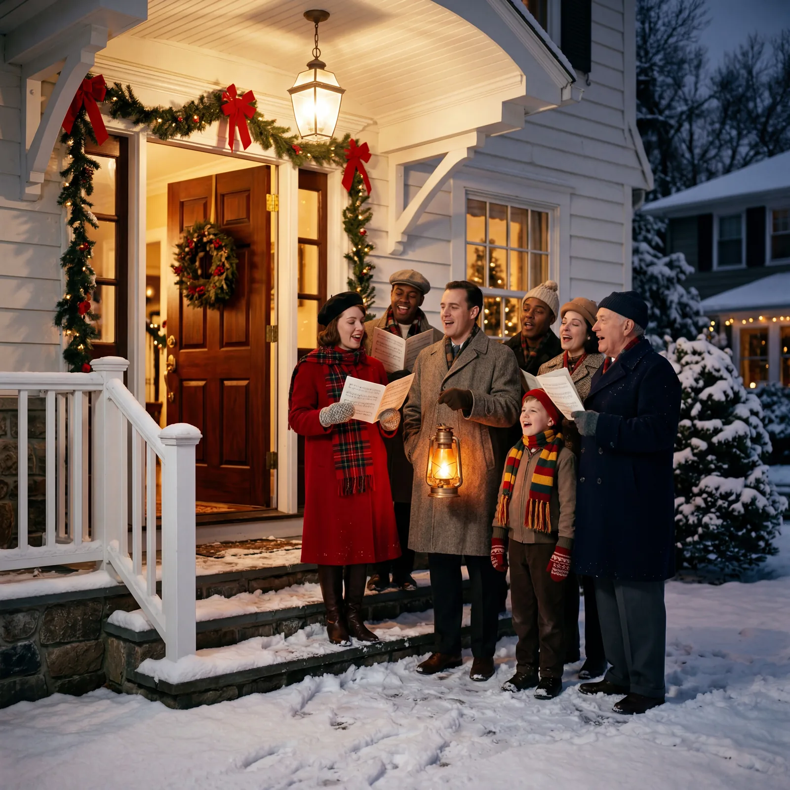 1960s neighborhood carolers at a front door, winter coats and scarves, lanterns, snow on the ground, porch light on, war