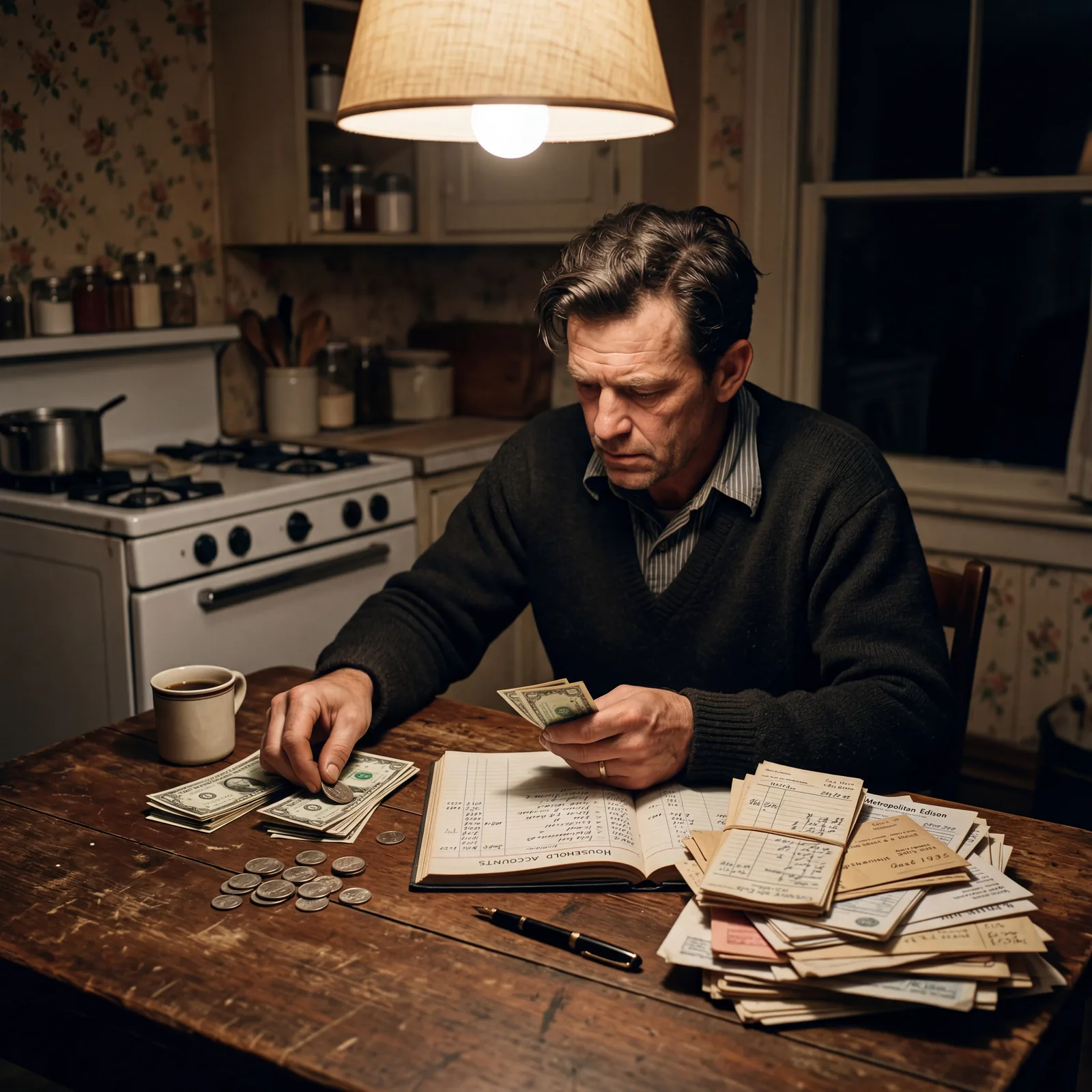1930s kitchen table, a man counting paper bills and coins to pay a stack of household bills, a ledger book open beside h