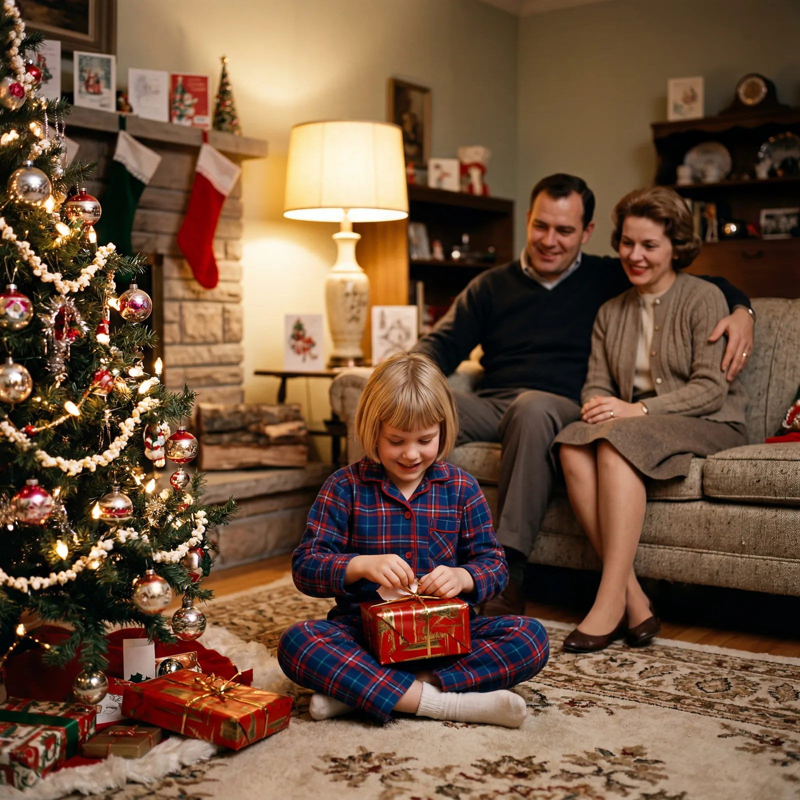 1960s child carefully unwrapping one gift on Christmas Eve by the tree, parents watching, warm lamp light, pajamas, anti