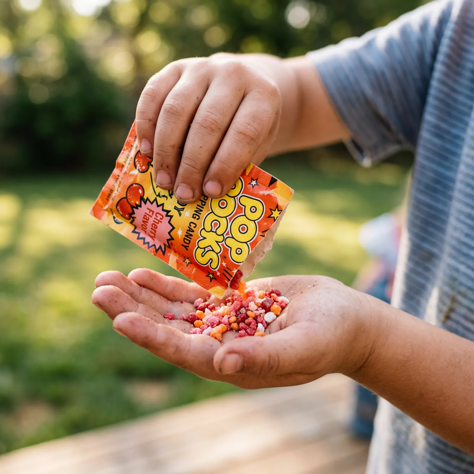 1970s child's hand holding an open package of Pop Rocks candy, some pouring out onto the palm, close-up with bright afte