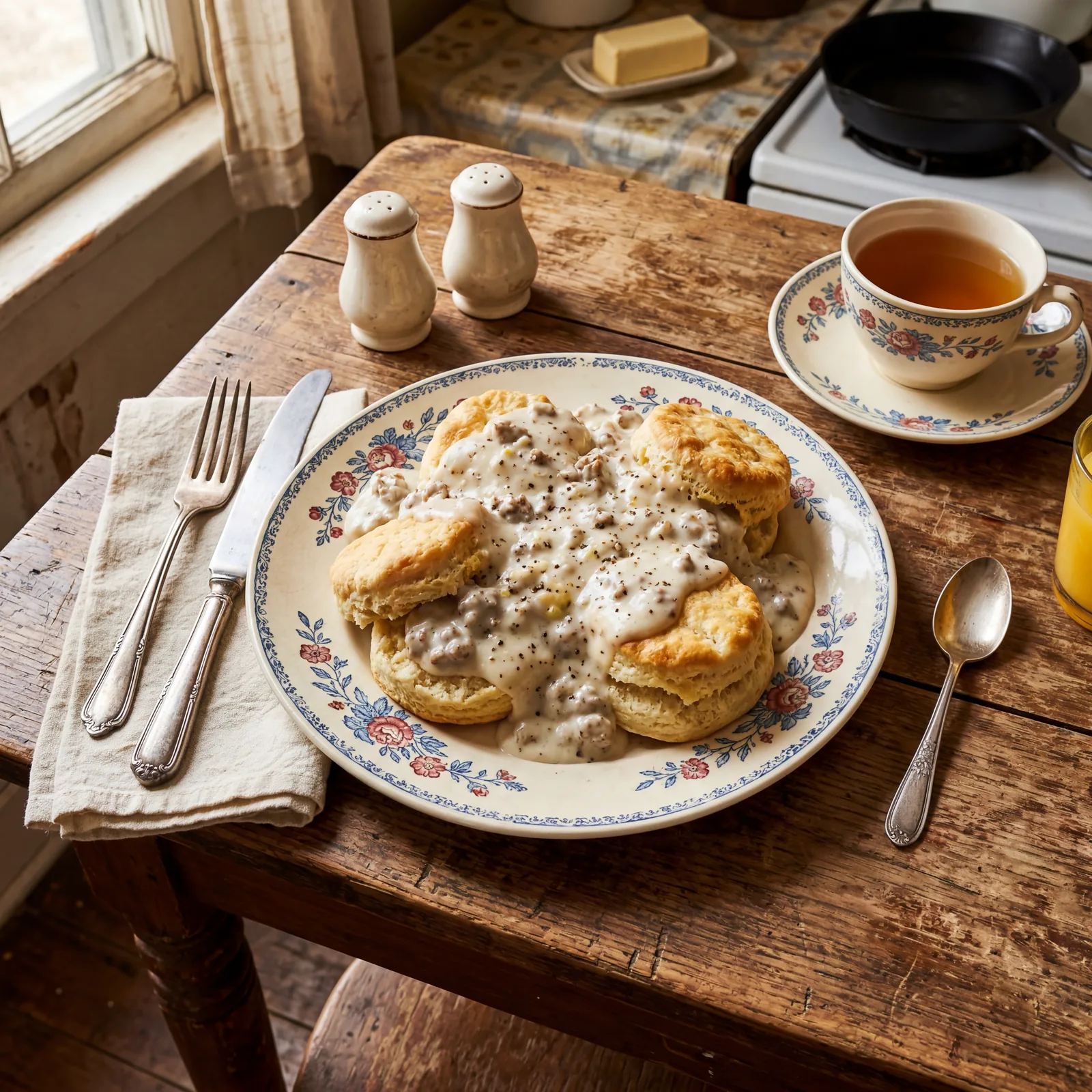 A plate of fluffy biscuits topped with creamy egg gravy on a 1930s kitchen table, overhead angle, warm interior light