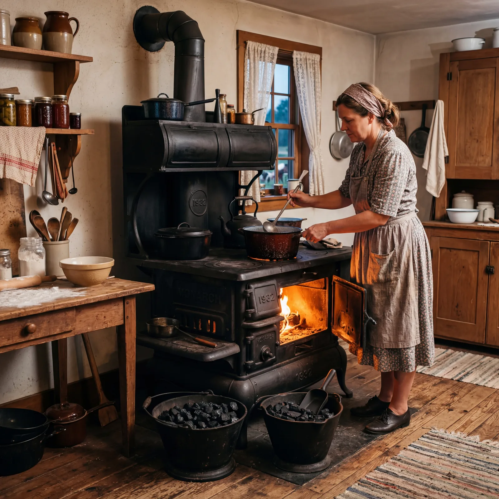 1930s farmhouse kitchen, a large black cast-iron coal stove dominating the room, a woman adjusting a pot, coal bucket on