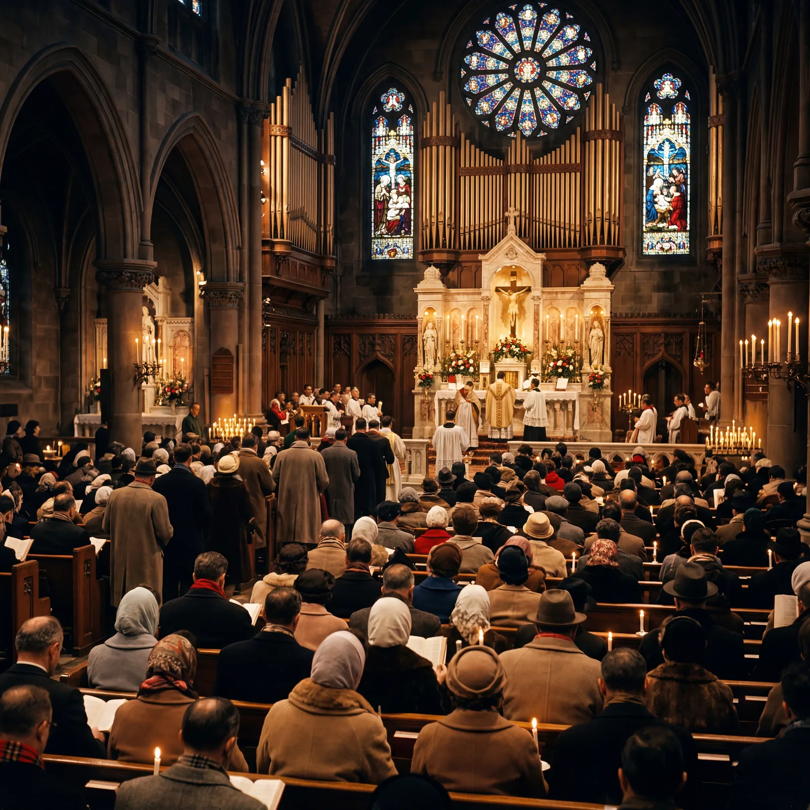 1960s Catholic church interior on Christmas Eve, candles lit, congregation in coats and scarves, organ pipes visible, st